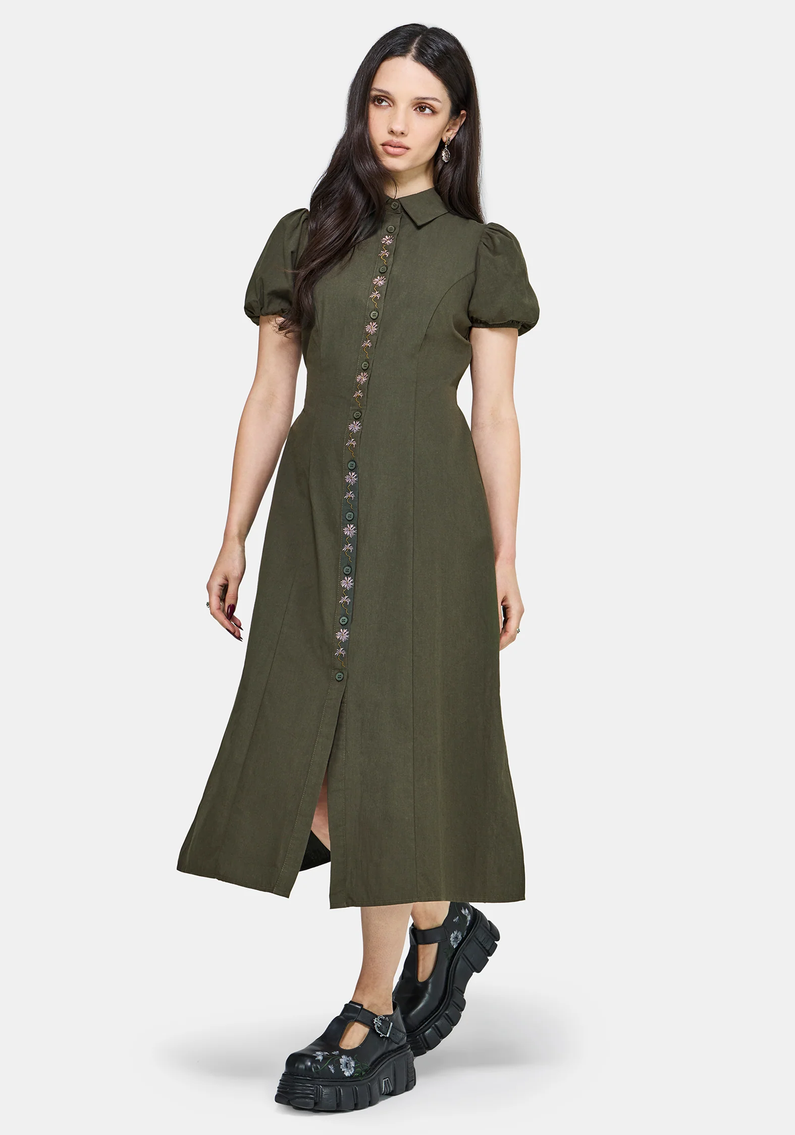 Odile Embroidered Button Down Tie Waist Midaxi Dress - Image 5