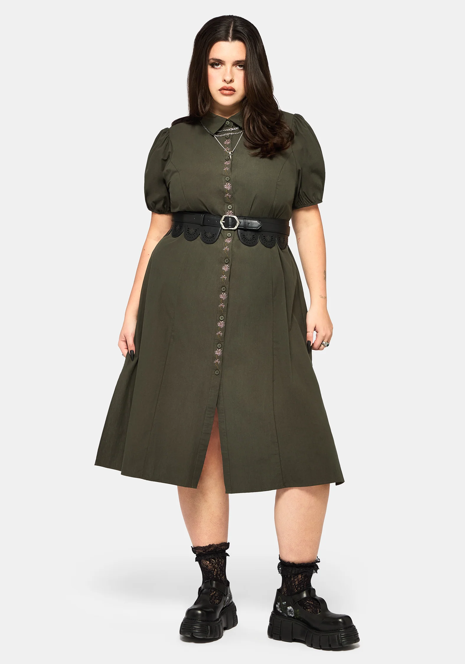 Odile Embroidered Button Down Tie Waist Midaxi Dress - Image 6