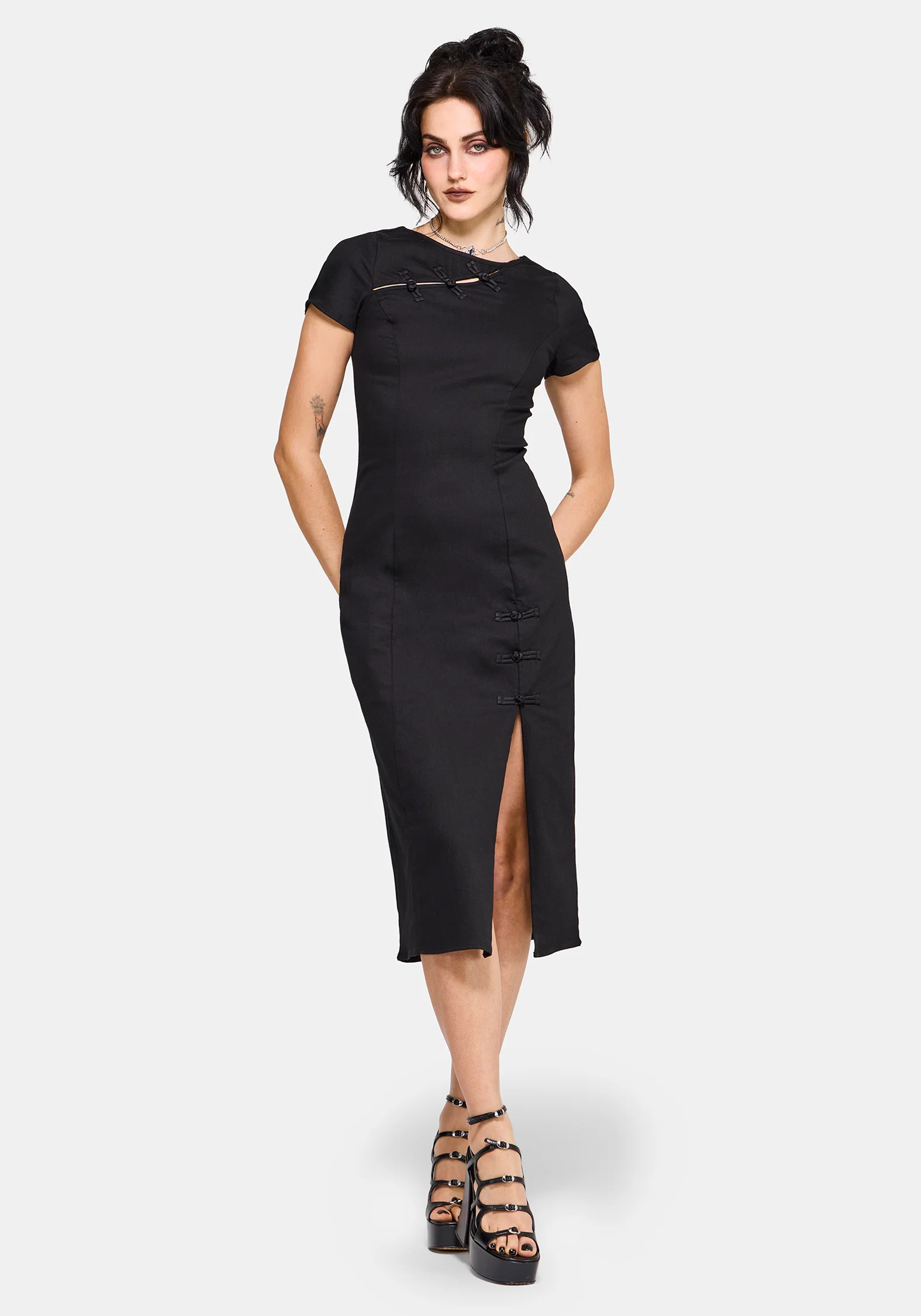 Opaline Asymmetric Neck Slash Short Sleeve Midi Dress - Image 5