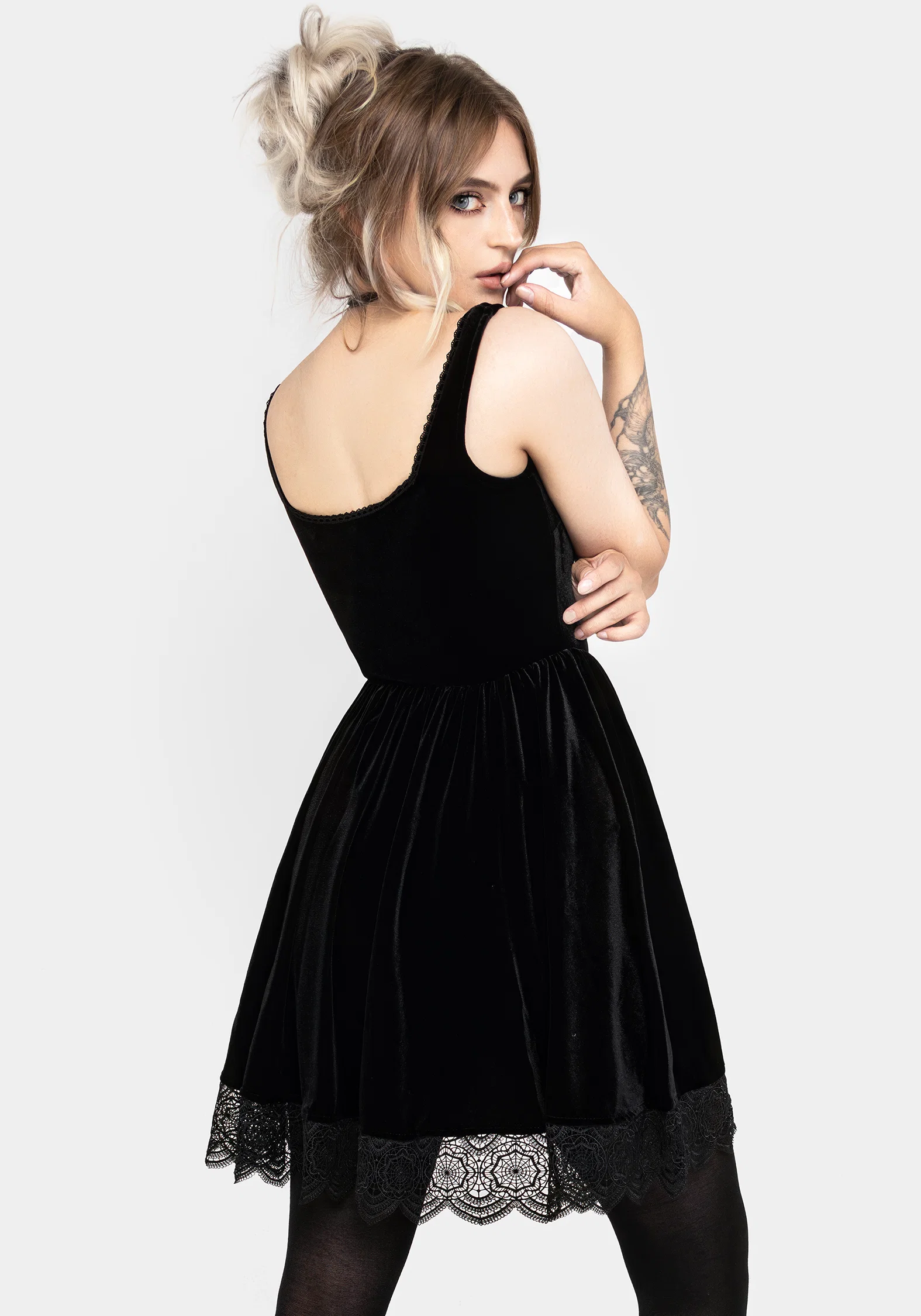 Orbweb Lace Hem Velour Mini Dress - Image 4