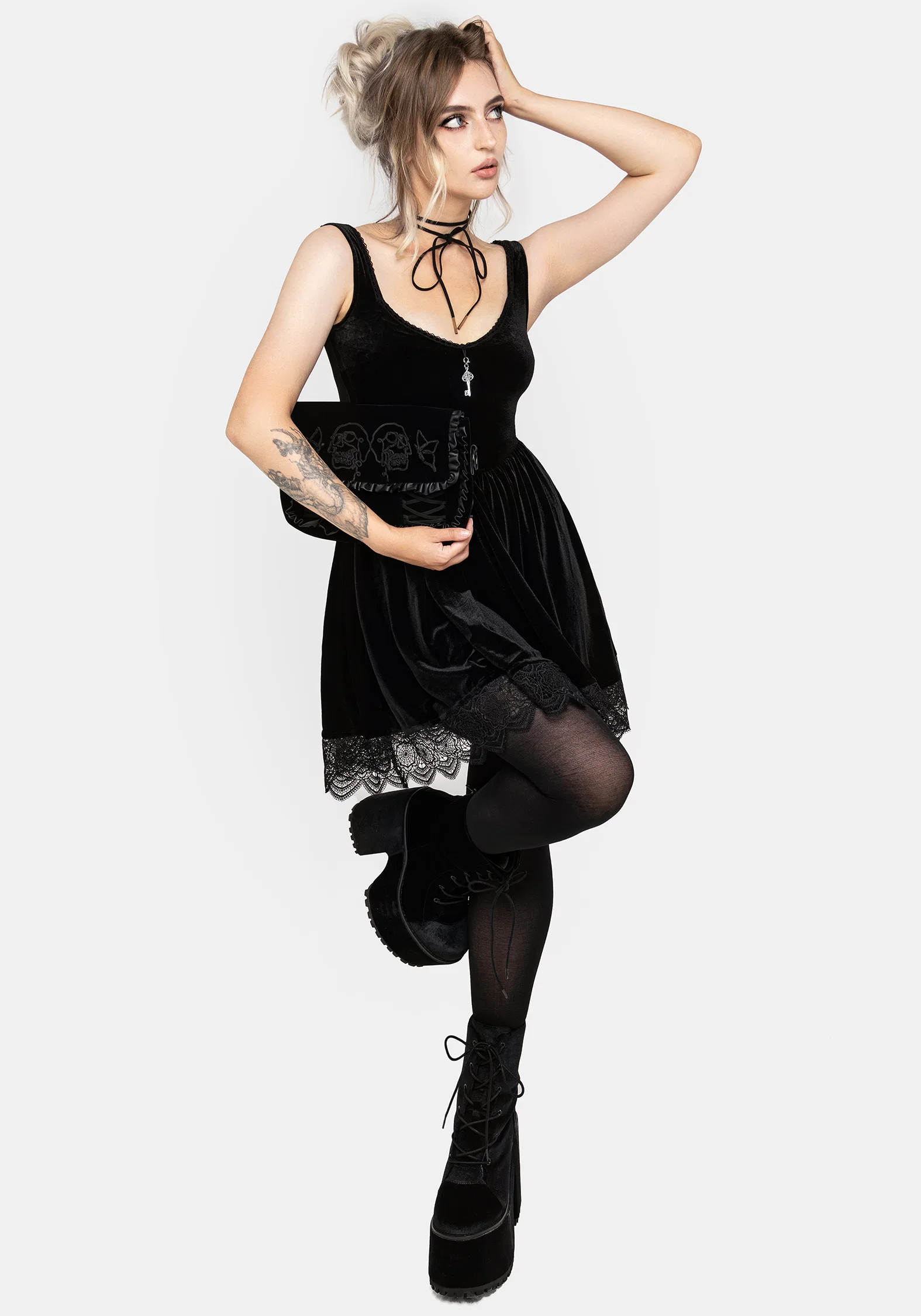 Orbweb Lace Hem Velour Mini Dress - Image 5