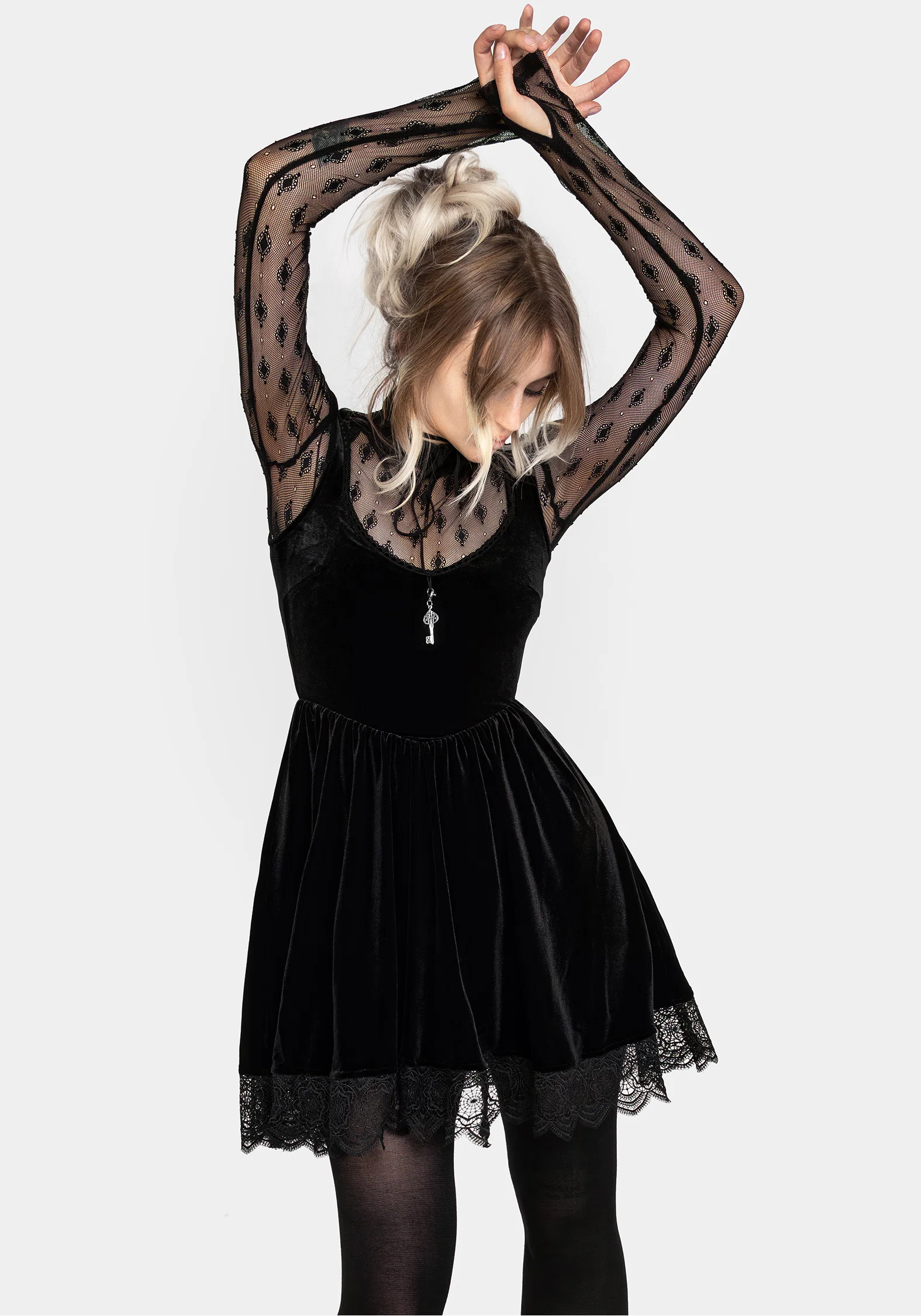 Orbweb Lace Hem Velour Mini Dress - Image 6