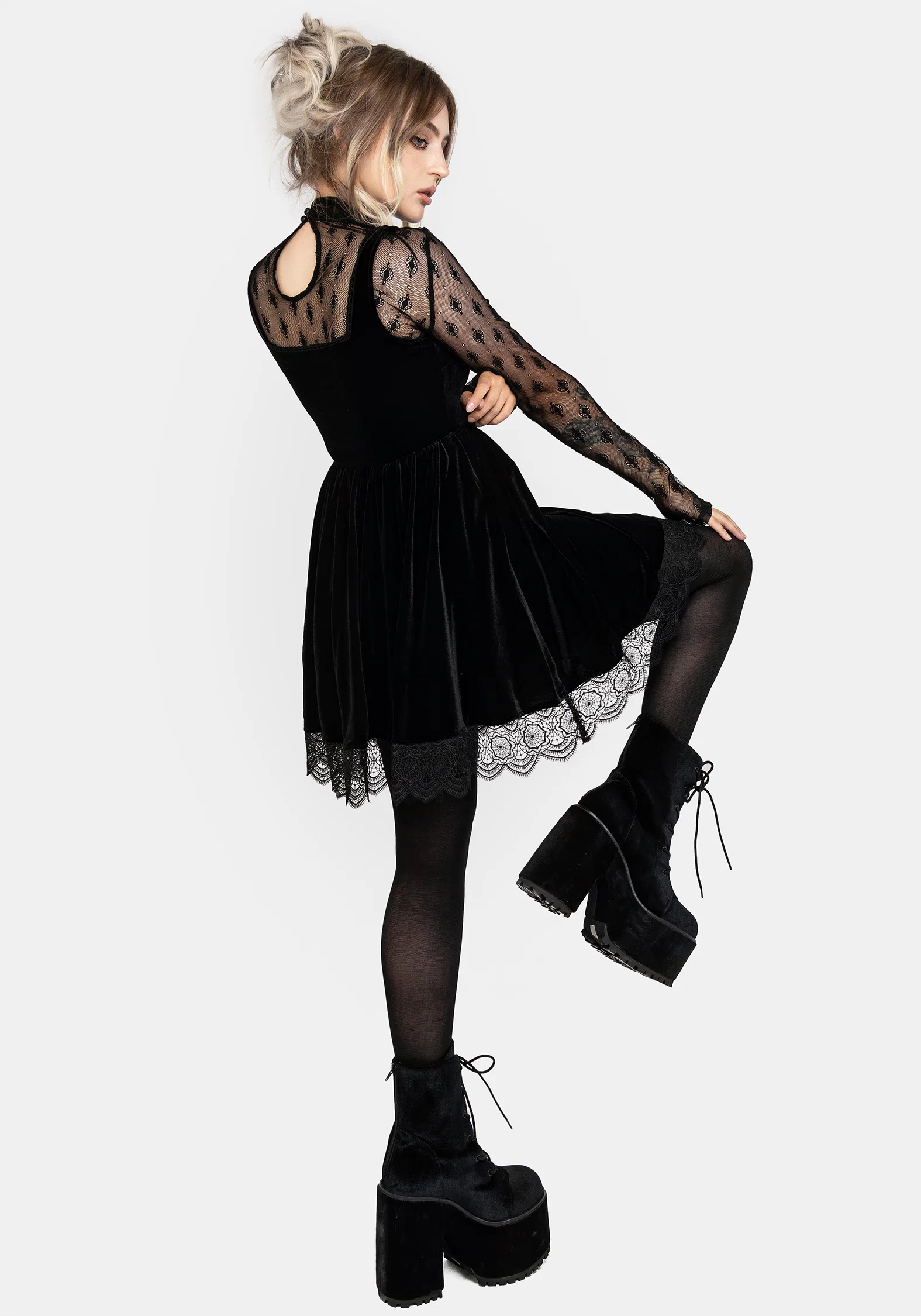 Orbweb Lace Hem Velour Mini Dress - Image 7