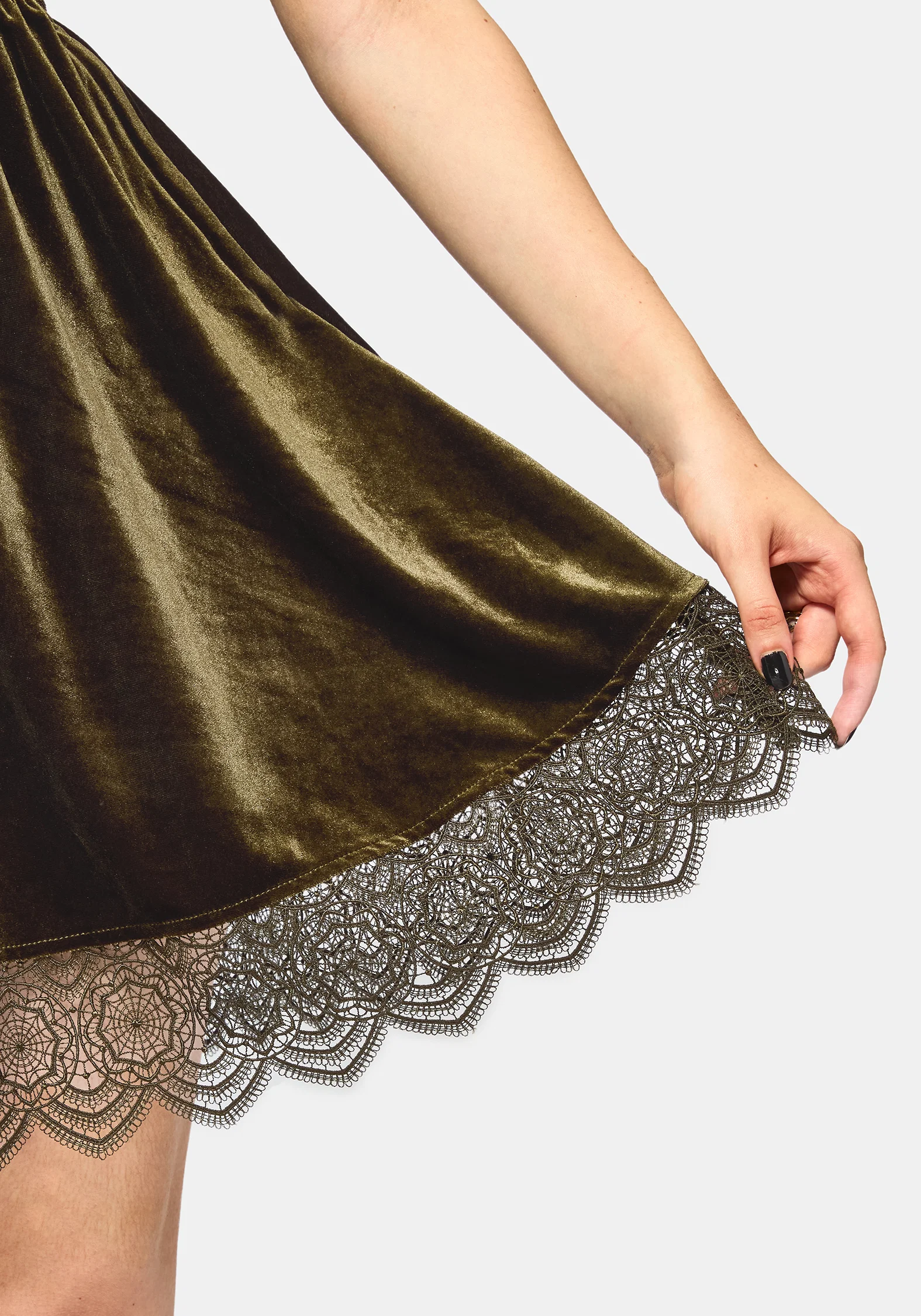 Orbweb Lace Hem Velour Mini Dress - Dark Green - Image 2