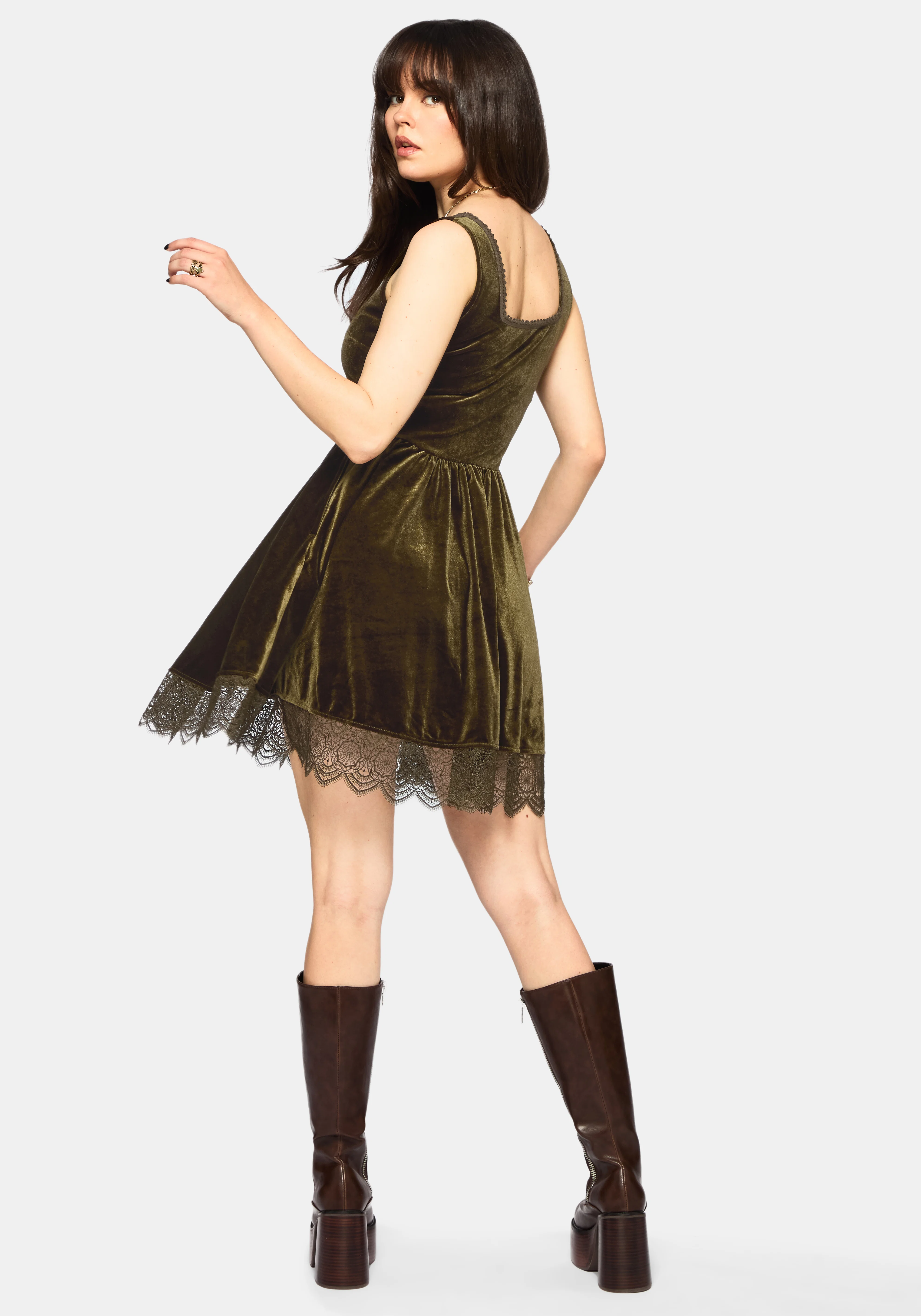 Orbweb Lace Hem Velour Mini Dress - Dark Green - Image 3