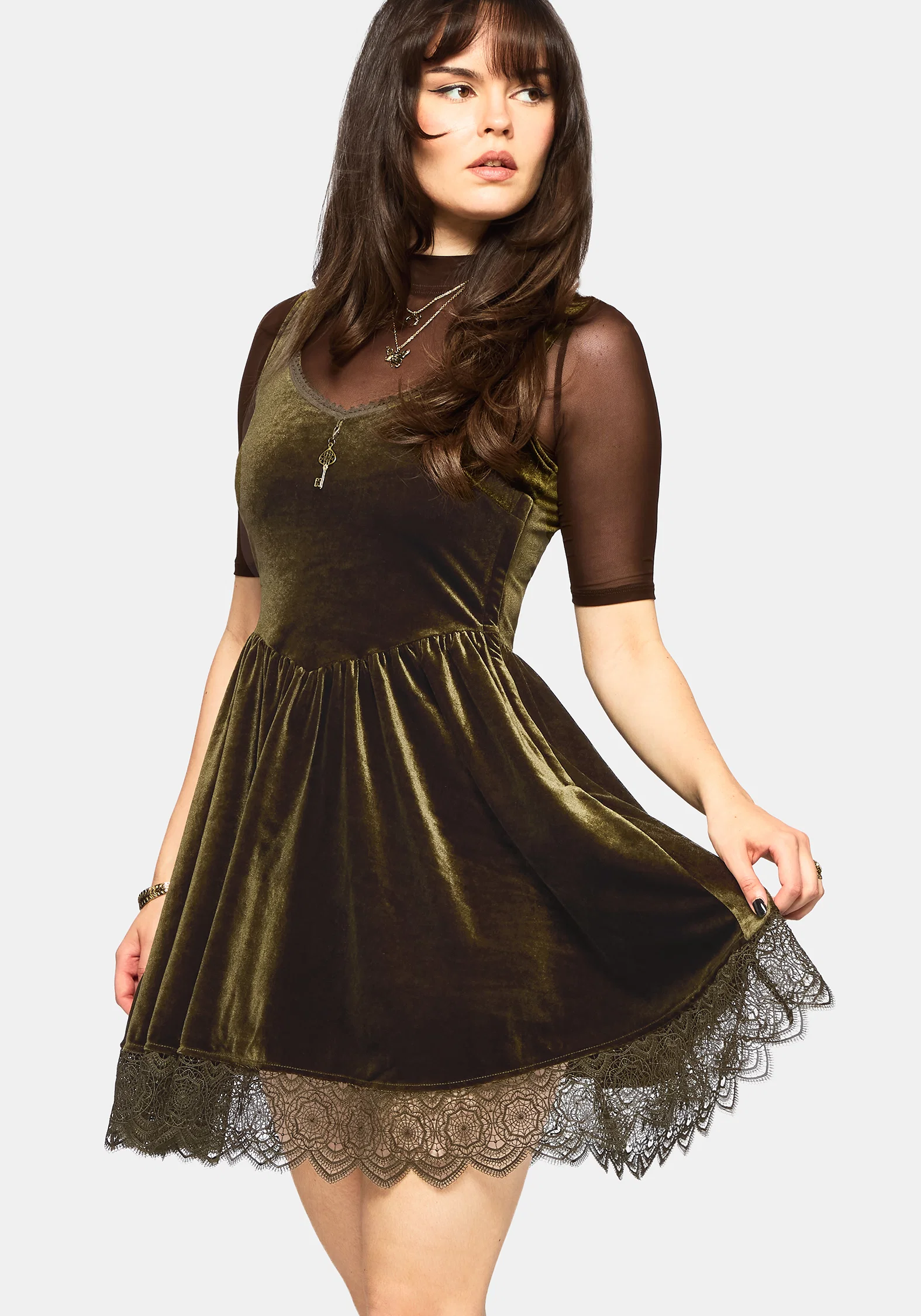 Orbweb Lace Hem Velour Mini Dress - Dark Green - Image 4