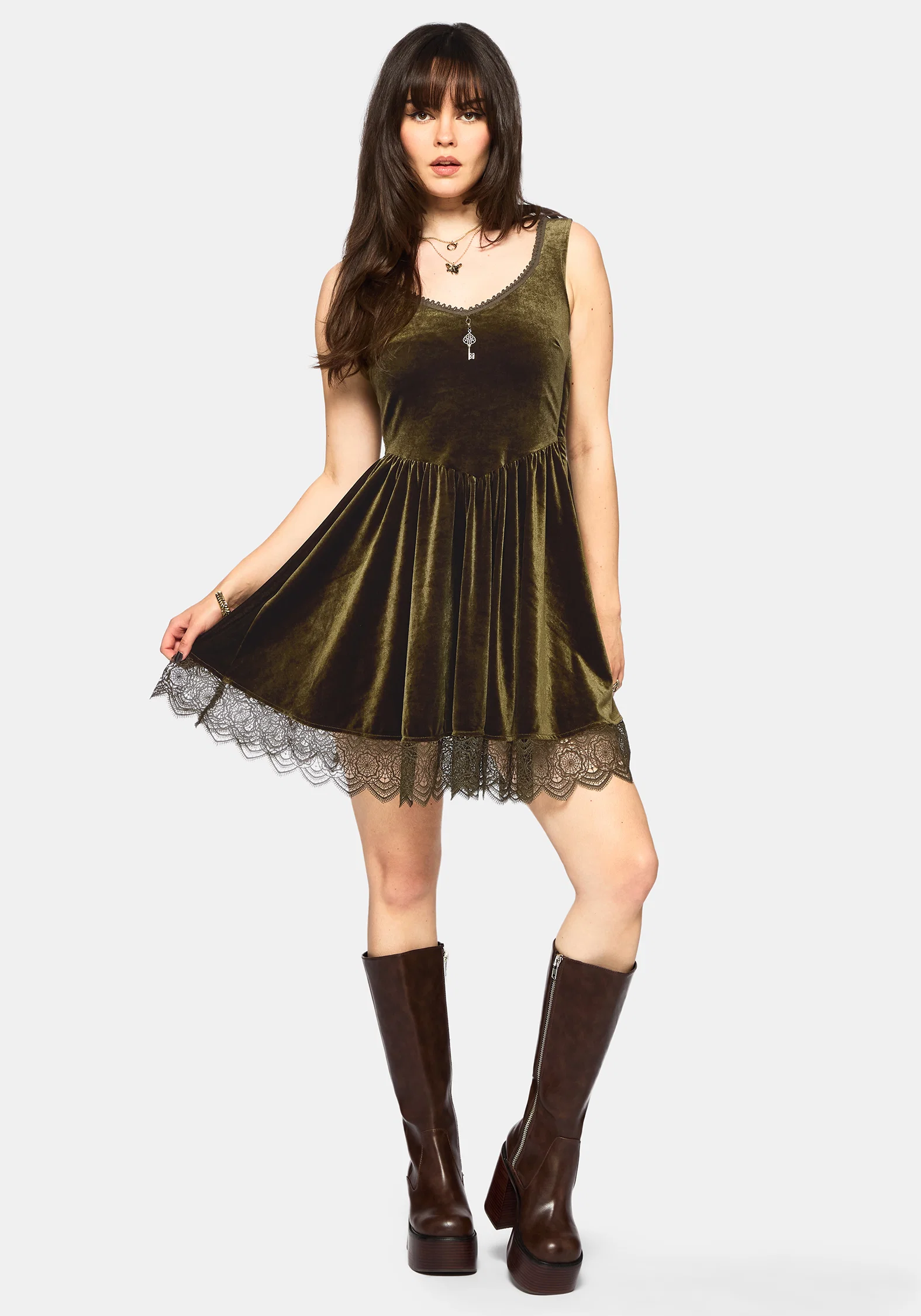 Orbweb Lace Hem Velour Mini Dress - Dark Green - Image 5