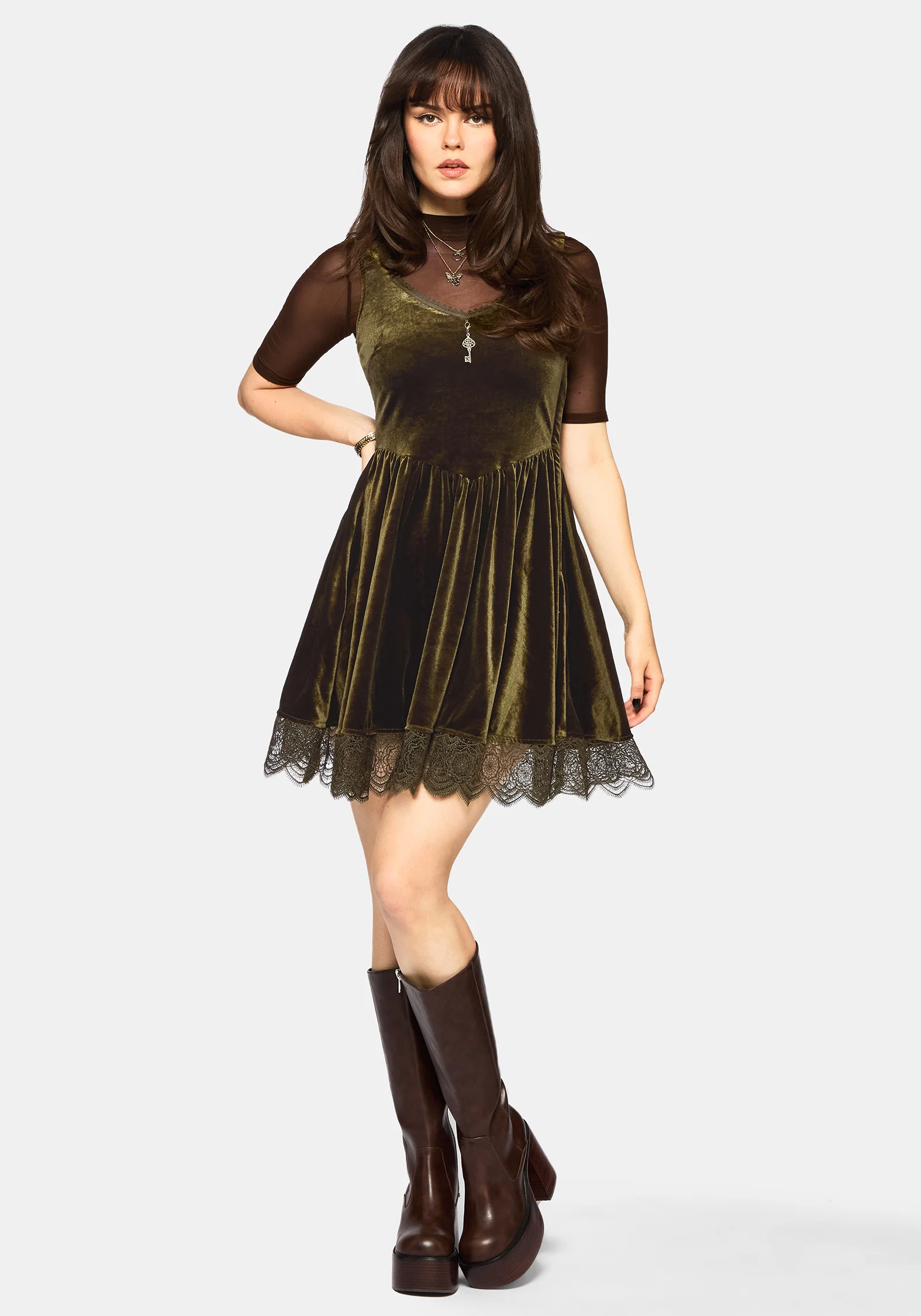 Orbweb Lace Hem Velour Mini Dress - Dark Green - Image 6