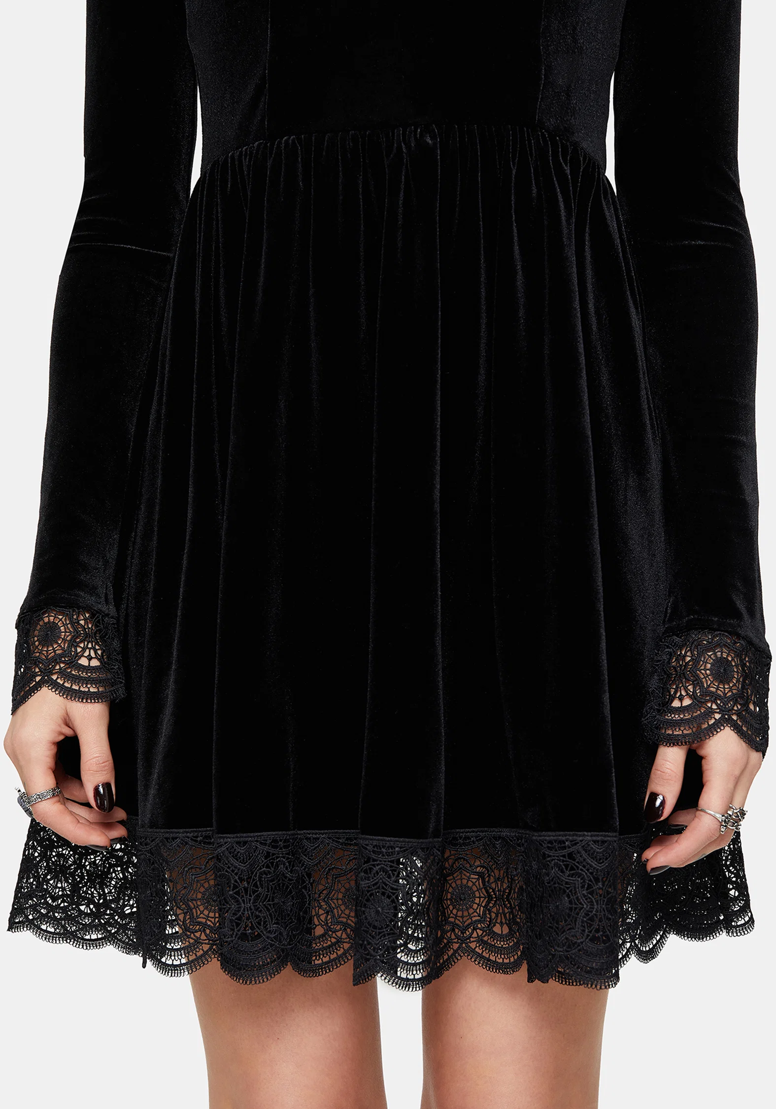 Orbweb Long Sleeve Lace Hem Velour Mini Dress - Image 2