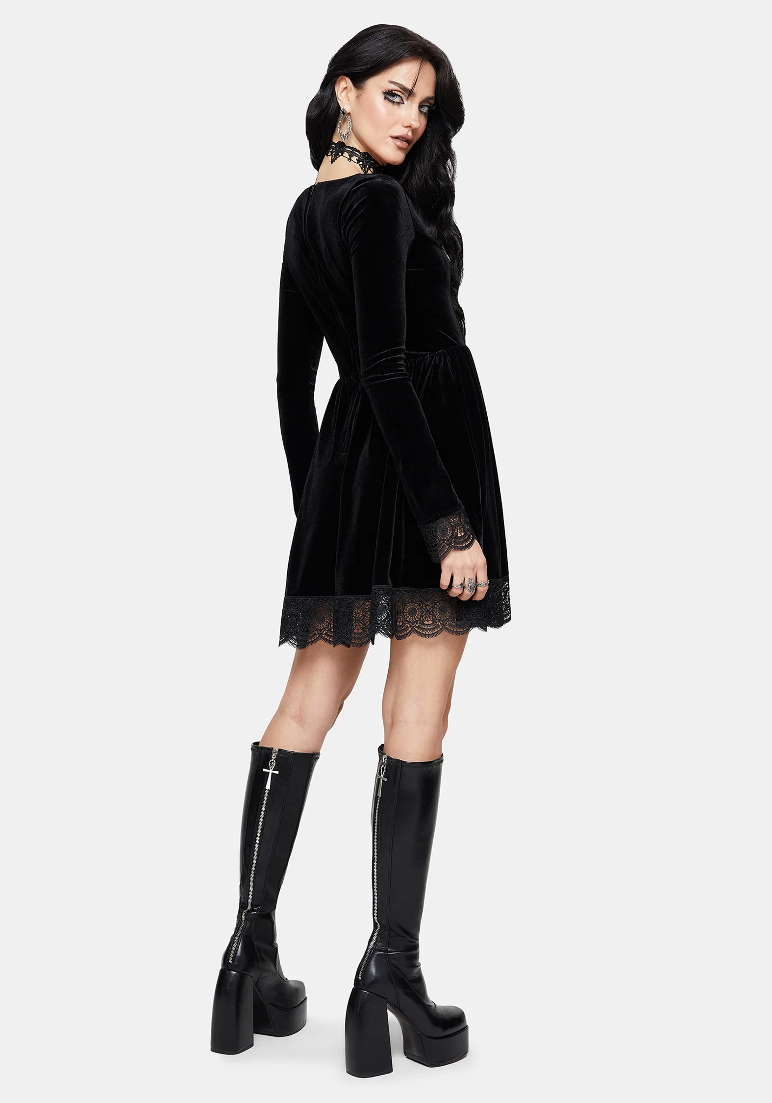 Orbweb Long Sleeve Lace Hem Velour Mini Dress - Image 3