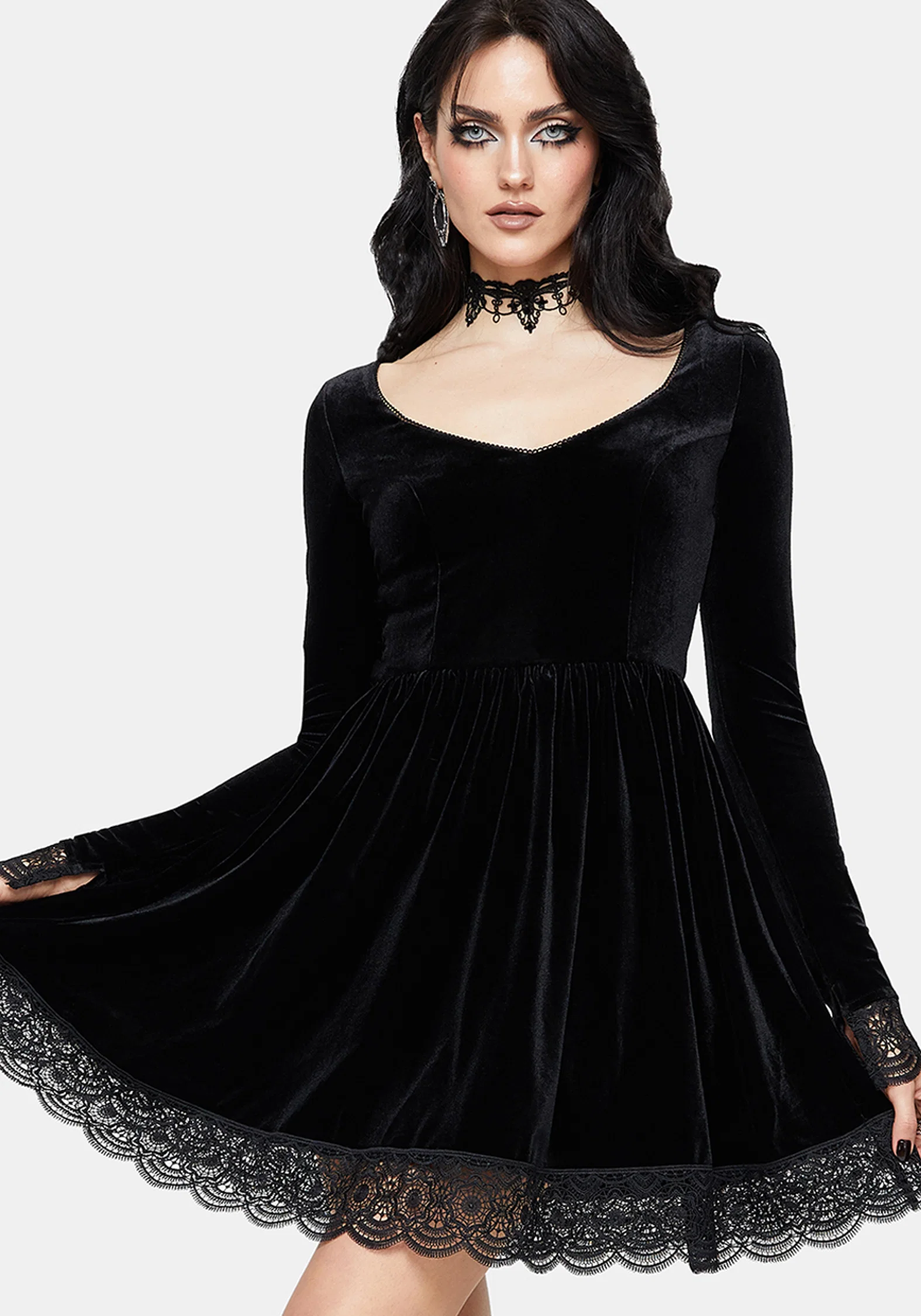 Orbweb Long Sleeve Lace Hem Velour Mini Dress - Image 4