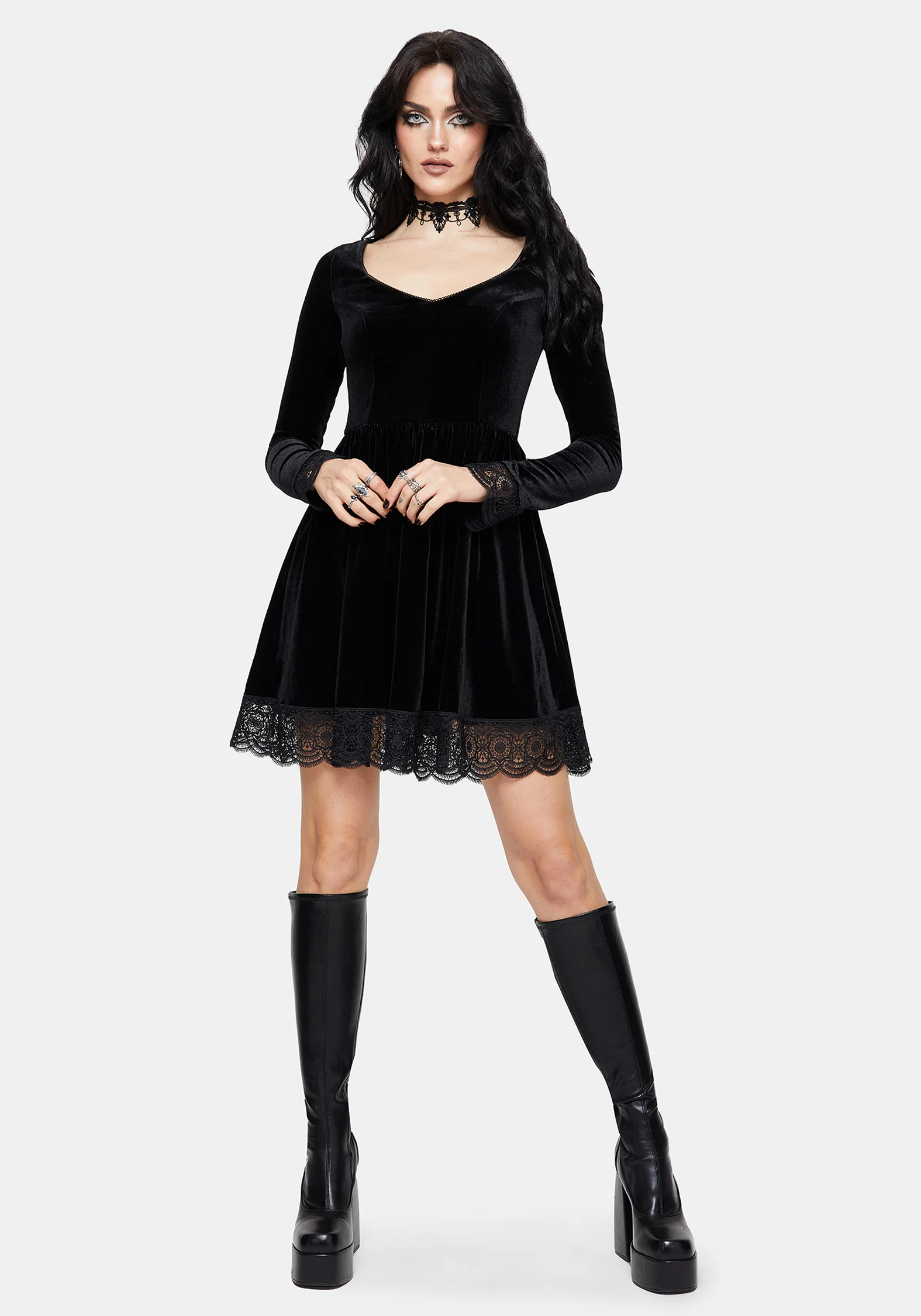 Orbweb Long Sleeve Lace Hem Velour Mini Dress - Image 5
