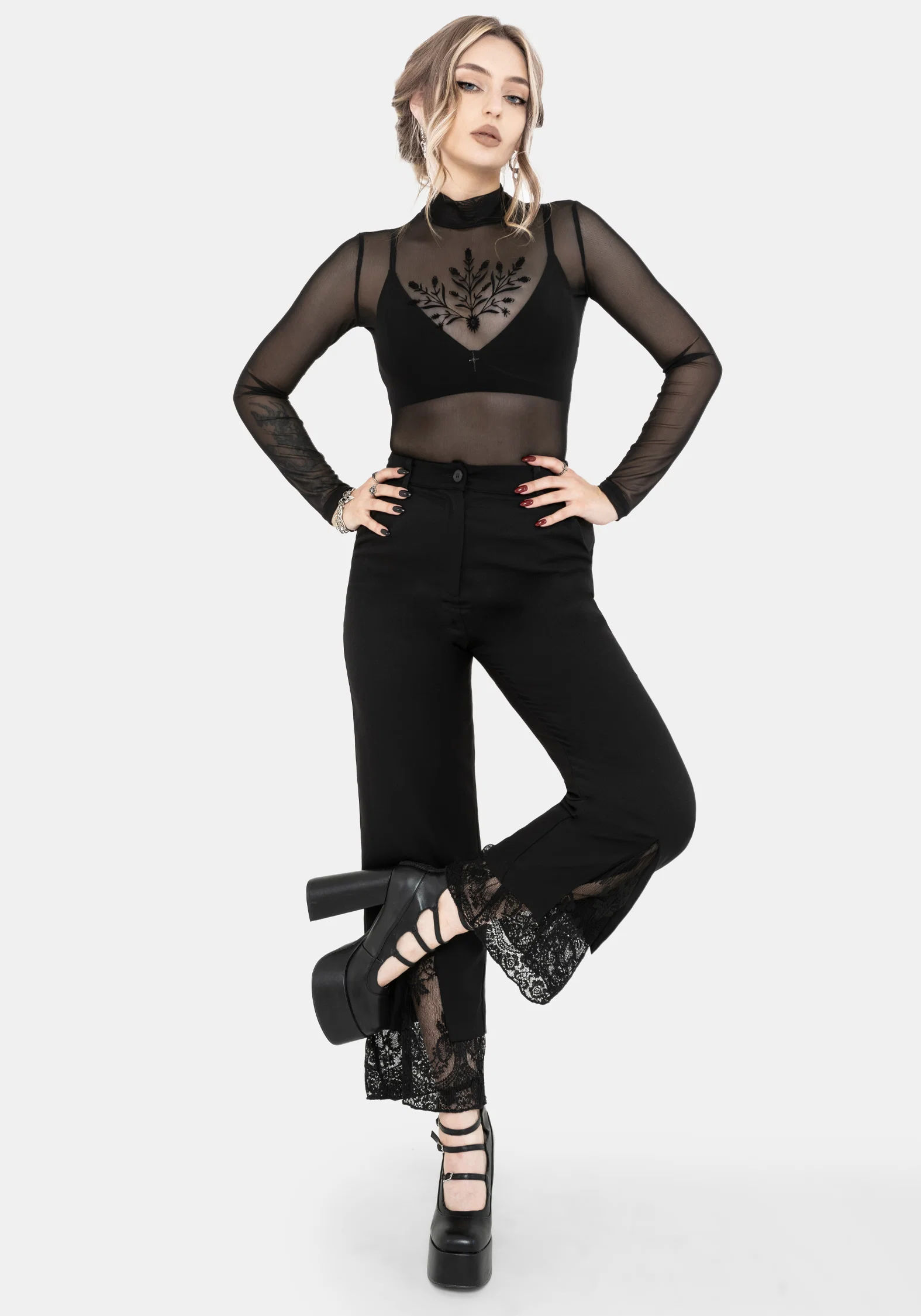 Orchid Lace Insert Pleated Hem Straight Leg Trouser - Image 4