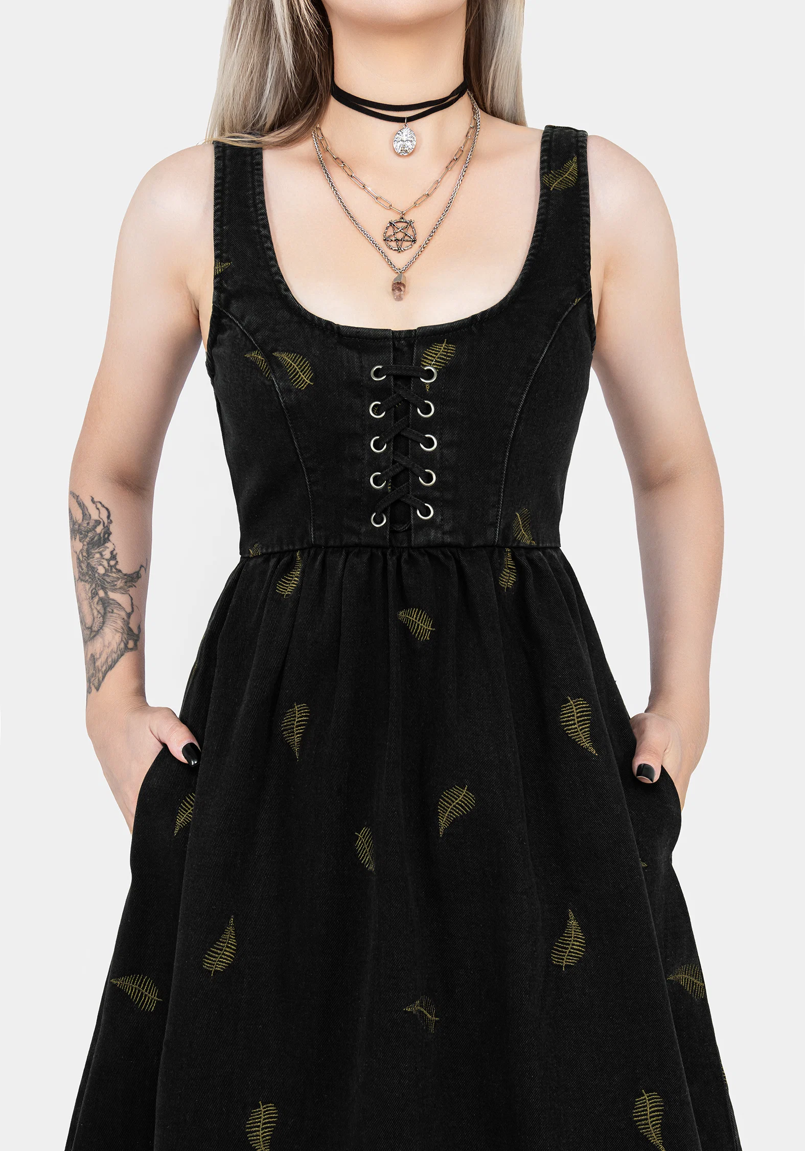 Osmunda Fern Embroidered Lace Up Midi Pinafore Dress - Image 2
