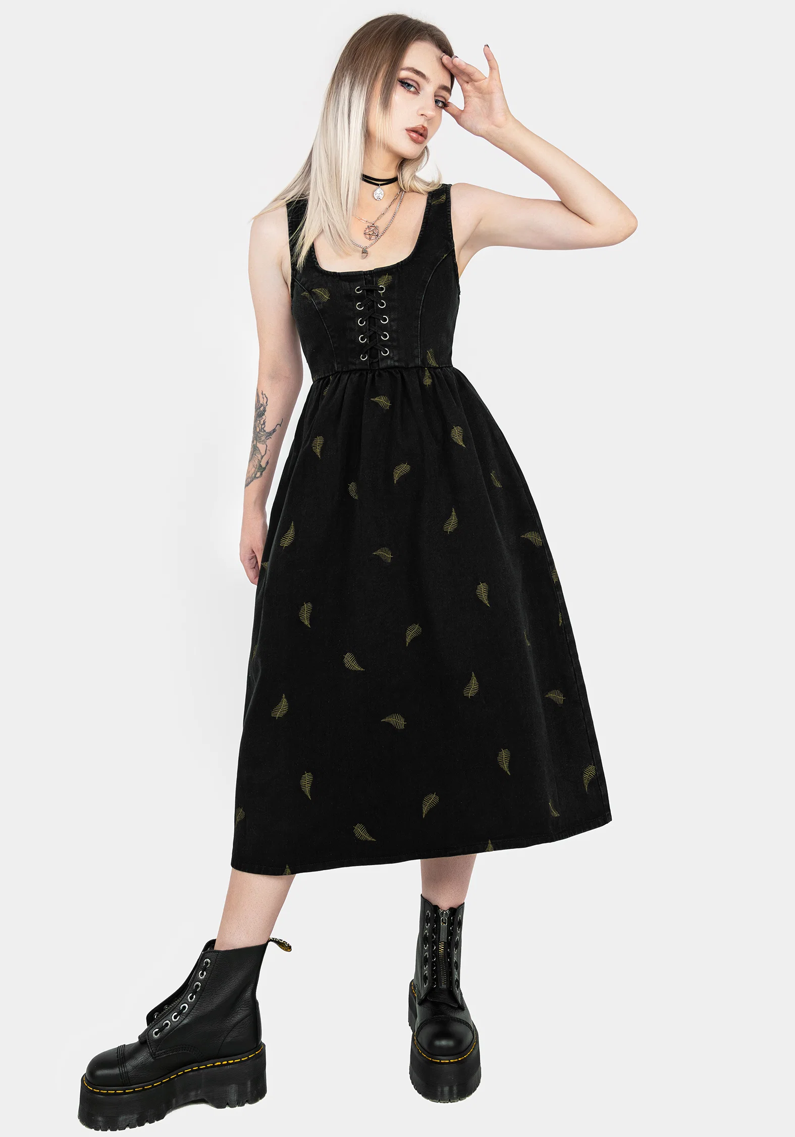 Osmunda Fern Embroidered Lace Up Midi Pinafore Dress - Image 4