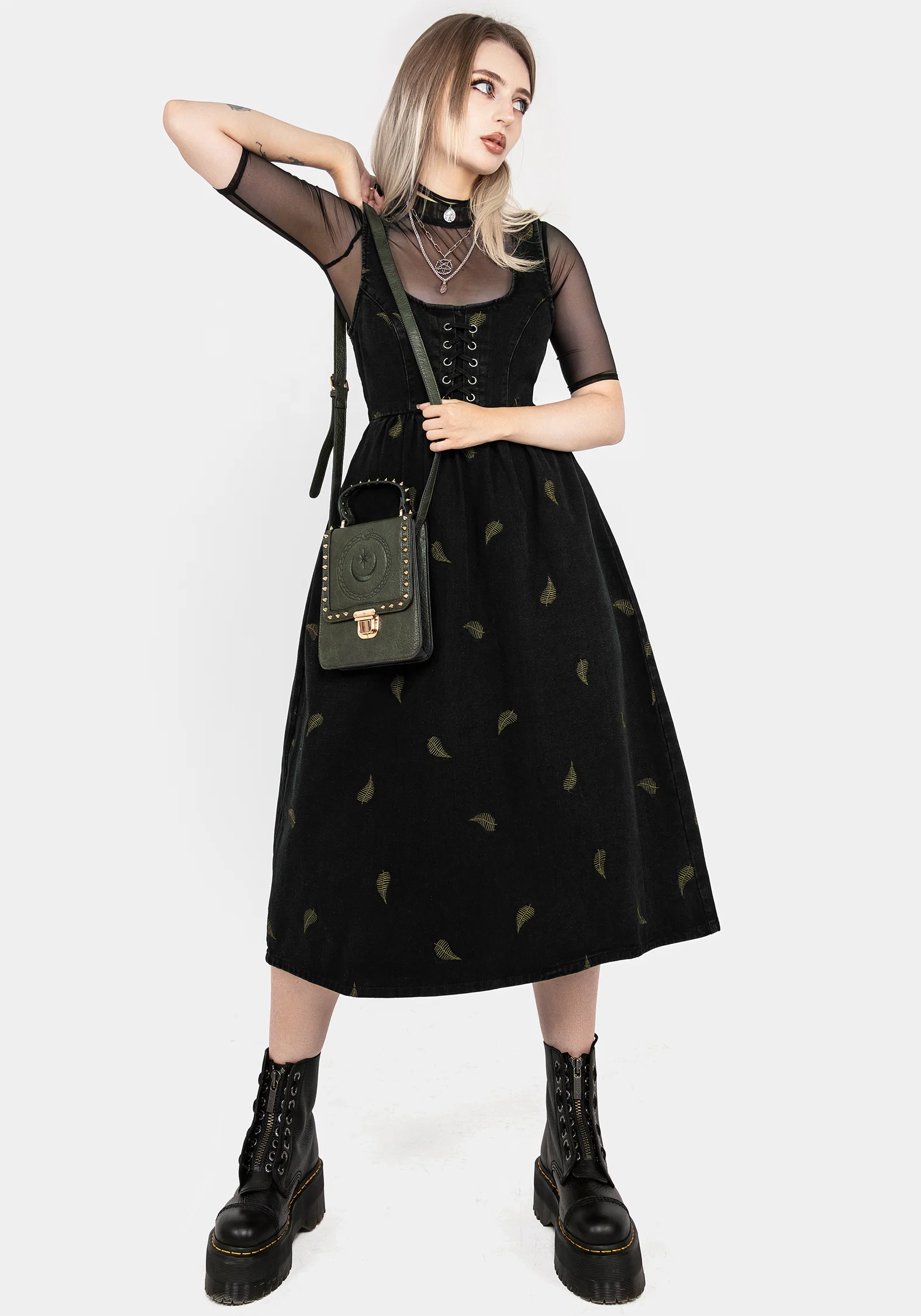 Osmunda Fern Embroidered Lace Up Midi Pinafore Dress - Image 5