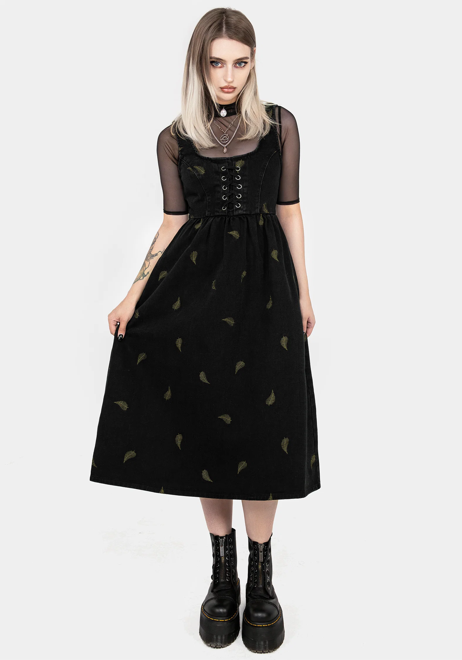 Osmunda Fern Embroidered Lace Up Midi Pinafore Dress - Image 6