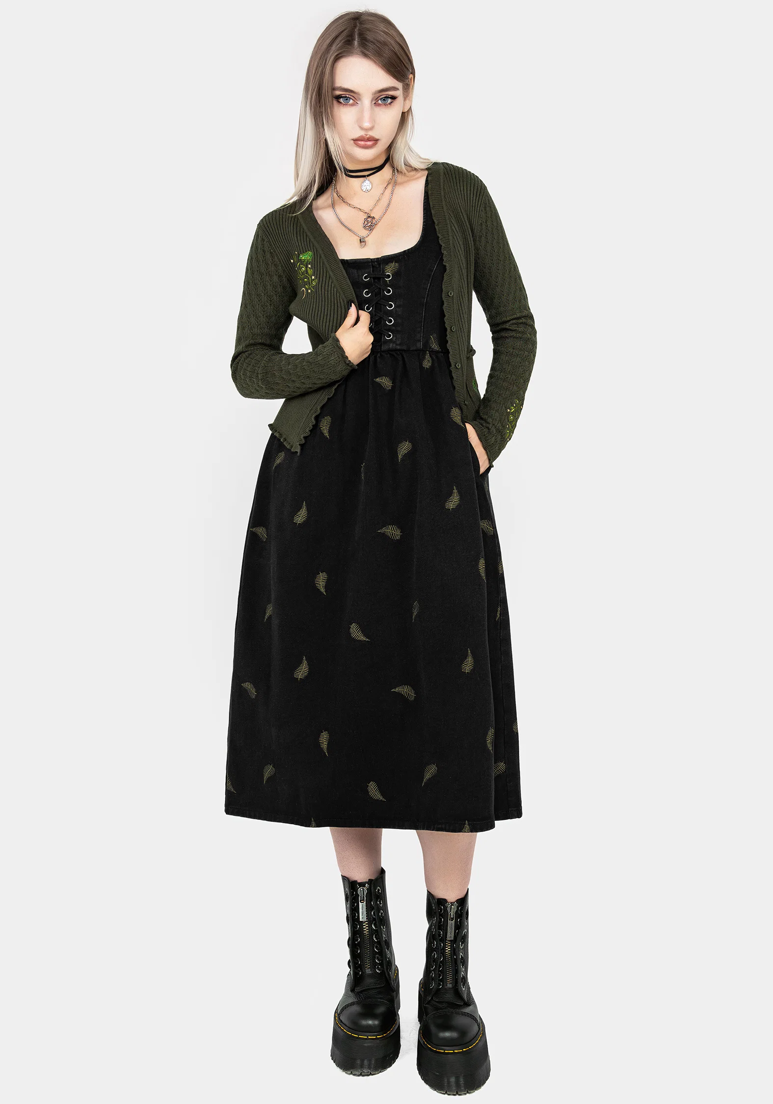 Osmunda Fern Embroidered Lace Up Midi Pinafore Dress - Image 7