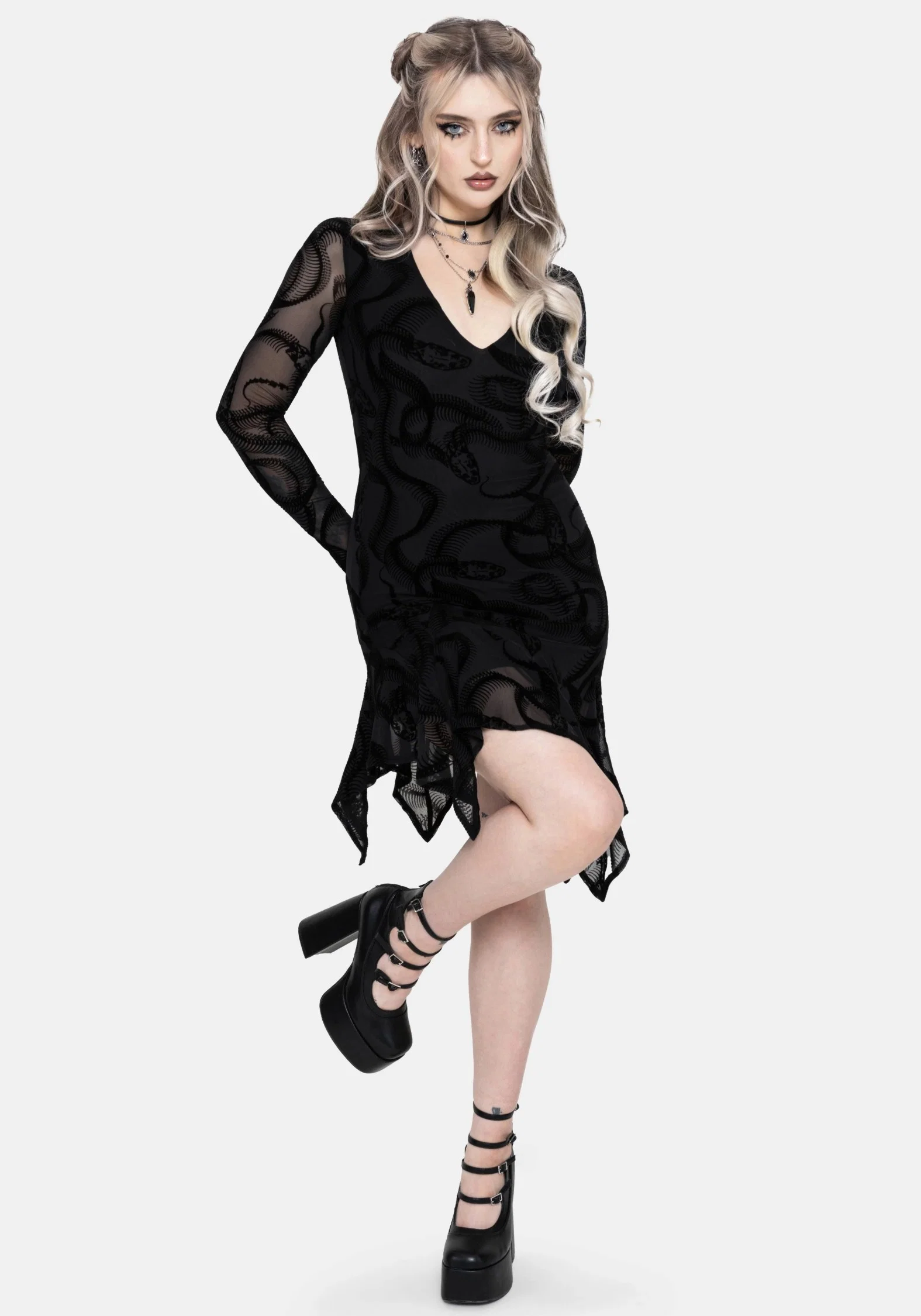 Paleo Flocked Mesh Skeletal Snake Asymmetric Hanky Hem Mini Dress - Image 5