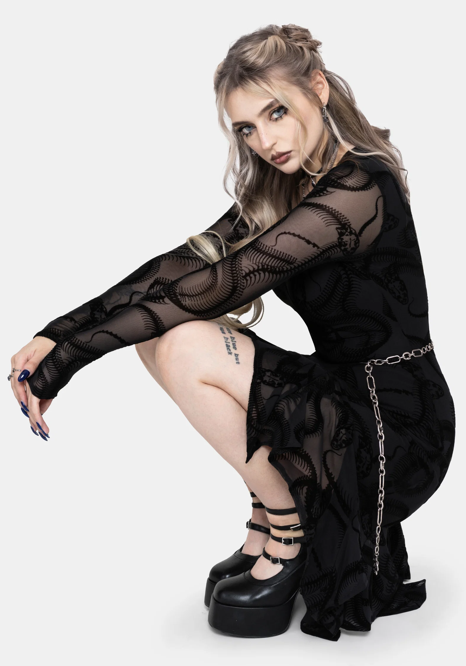 Paleo Flocked Mesh Skeletal Snake Asymmetric Hanky Hem Mini Dress - Image 7