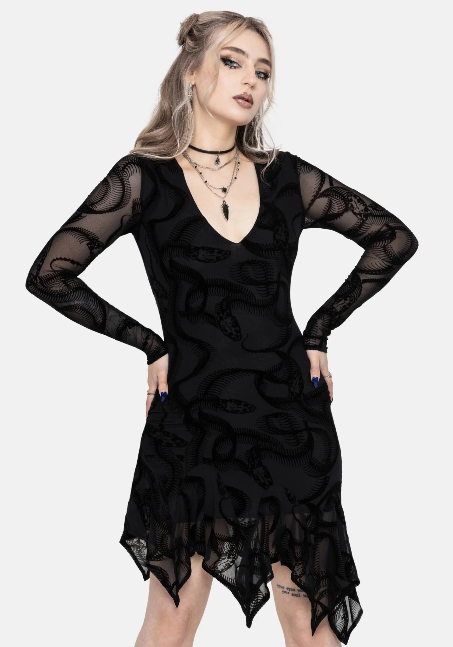 Paleo Flocked Mesh Skeletal Snake Asymmetric Hanky Hem Mini Dress - Image 8