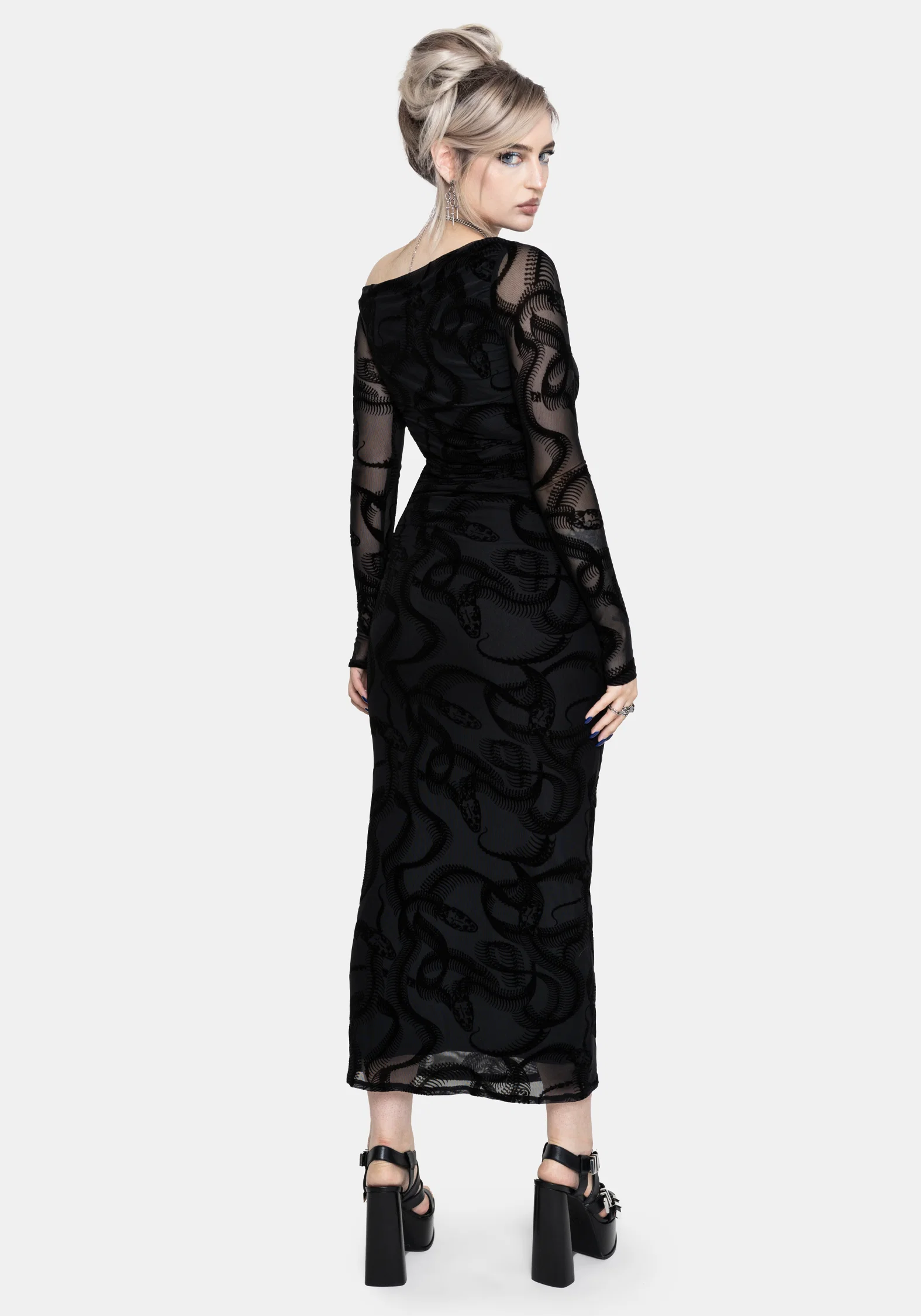Paleo Flocked Mesh Skeletal Snake Long Sleeve Midaxi Dress - Image 3