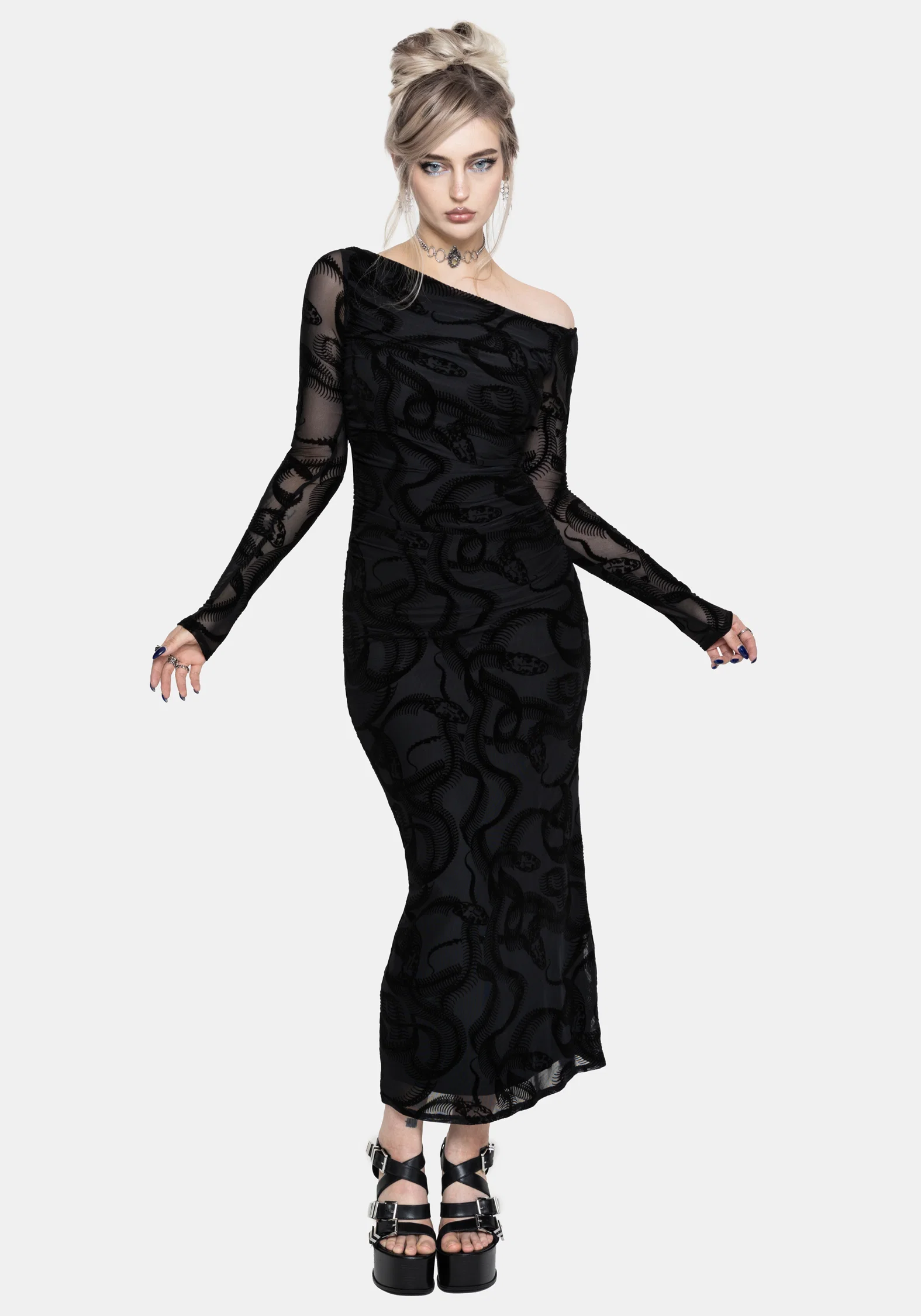 Paleo Flocked Mesh Skeletal Snake Long Sleeve Midaxi Dress - Image 4