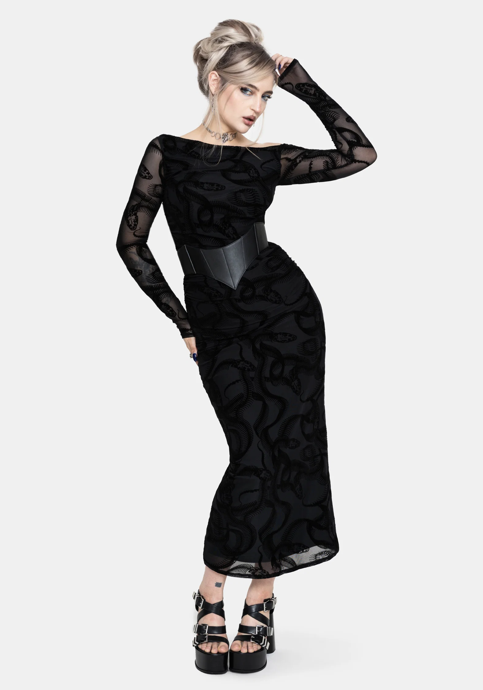 Paleo Flocked Mesh Skeletal Snake Long Sleeve Midaxi Dress - Image 6
