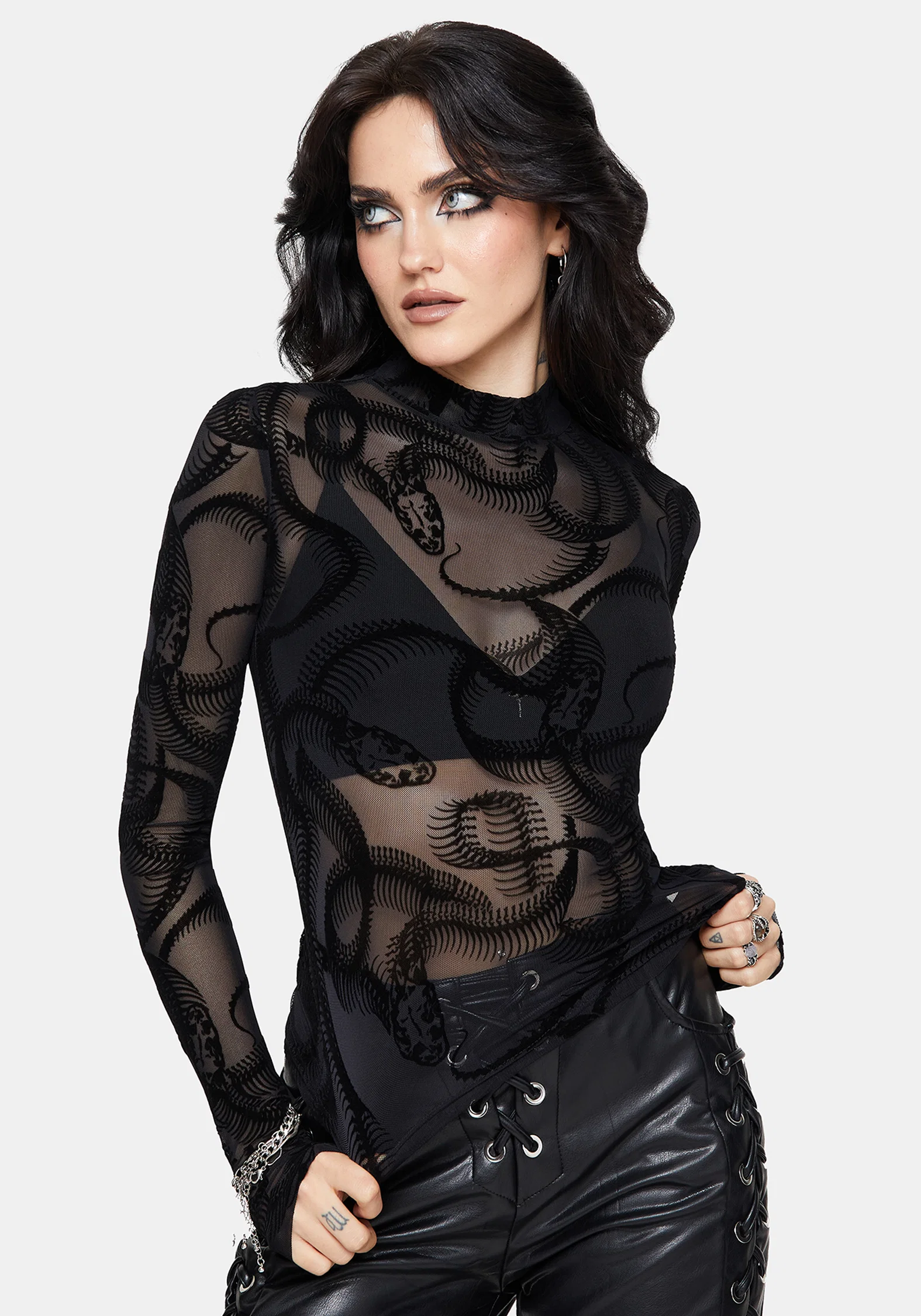 Paleo Flocked Mesh Skeletal Snake Long Sleeve Top - Image 4