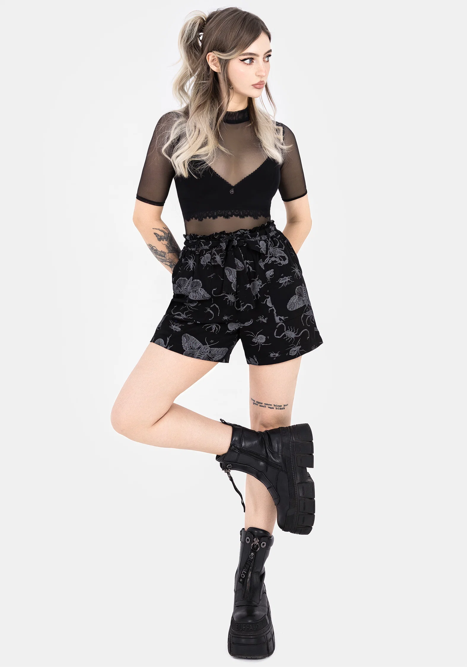 Parasite Bugs Tie Waist Paperbag Shorts - Black - Image 4