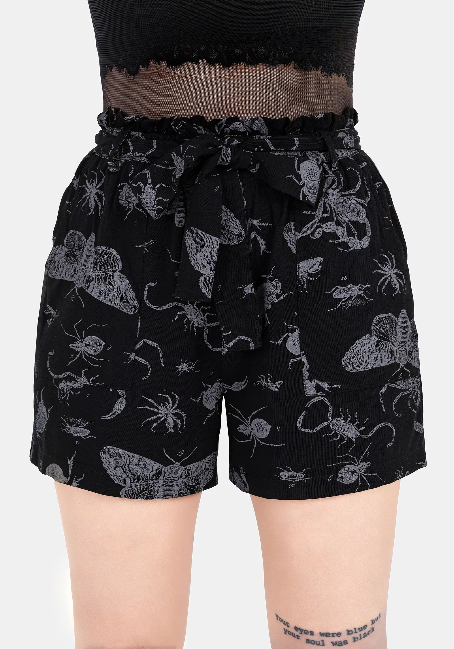 Parasite Bugs Tie Waist Paperbag Shorts - Black - Image 5