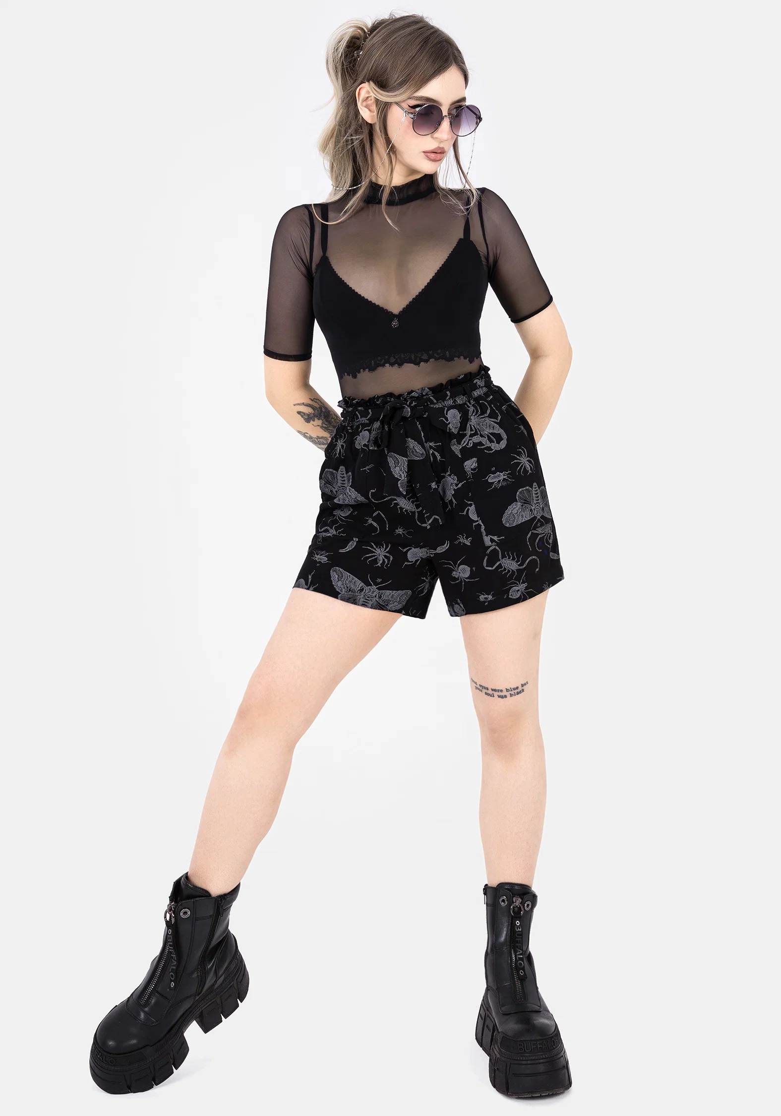 Parasite Bugs Tie Waist Paperbag Shorts - Black - Image 6