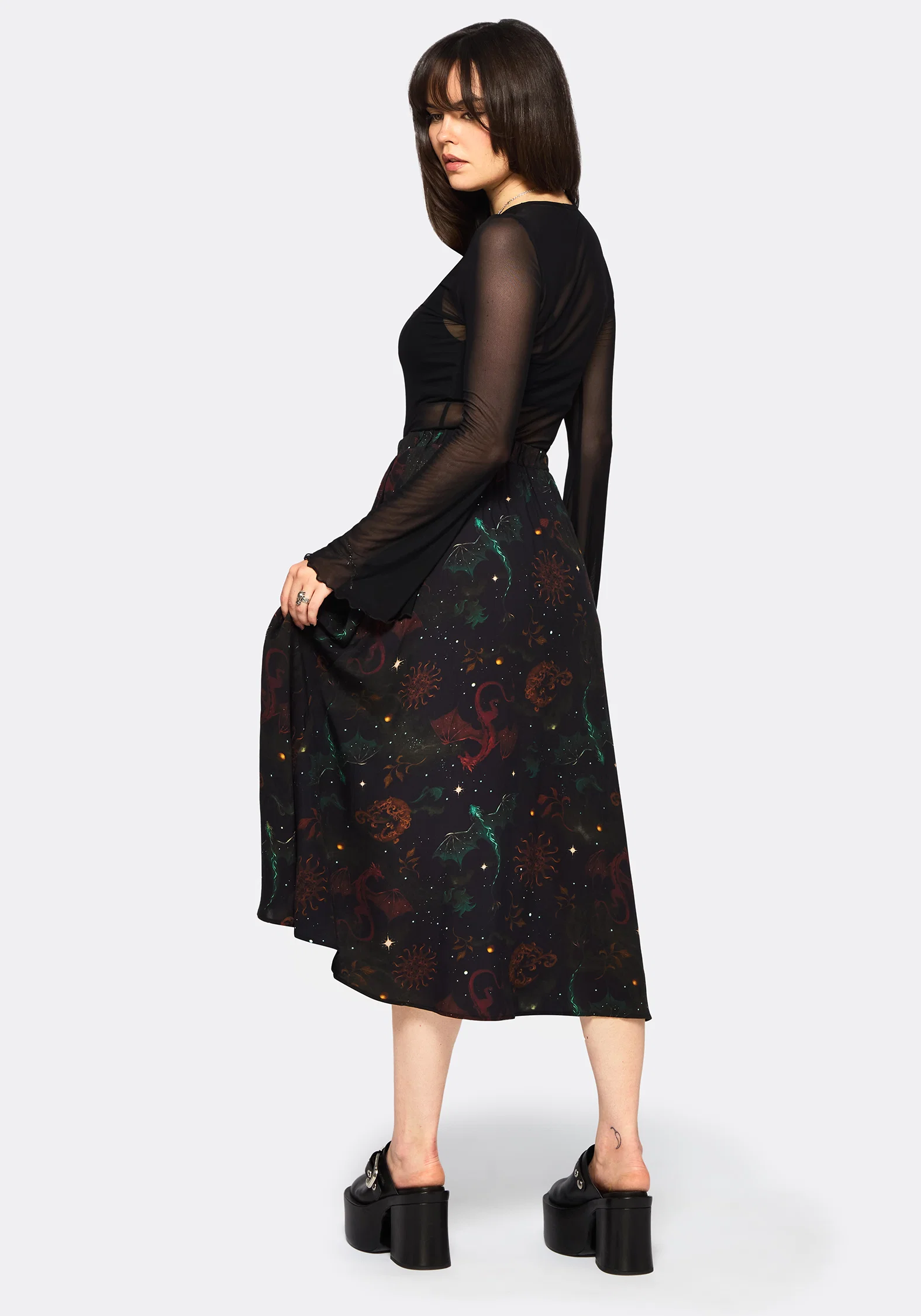 Phoenix Dragon Printed Pleated Midi Skirt - Image 3