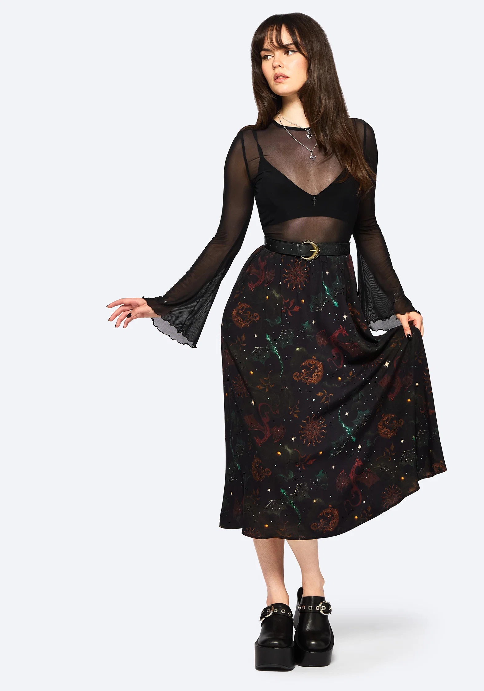Phoenix Dragon Printed Pleated Midi Skirt - Image 4