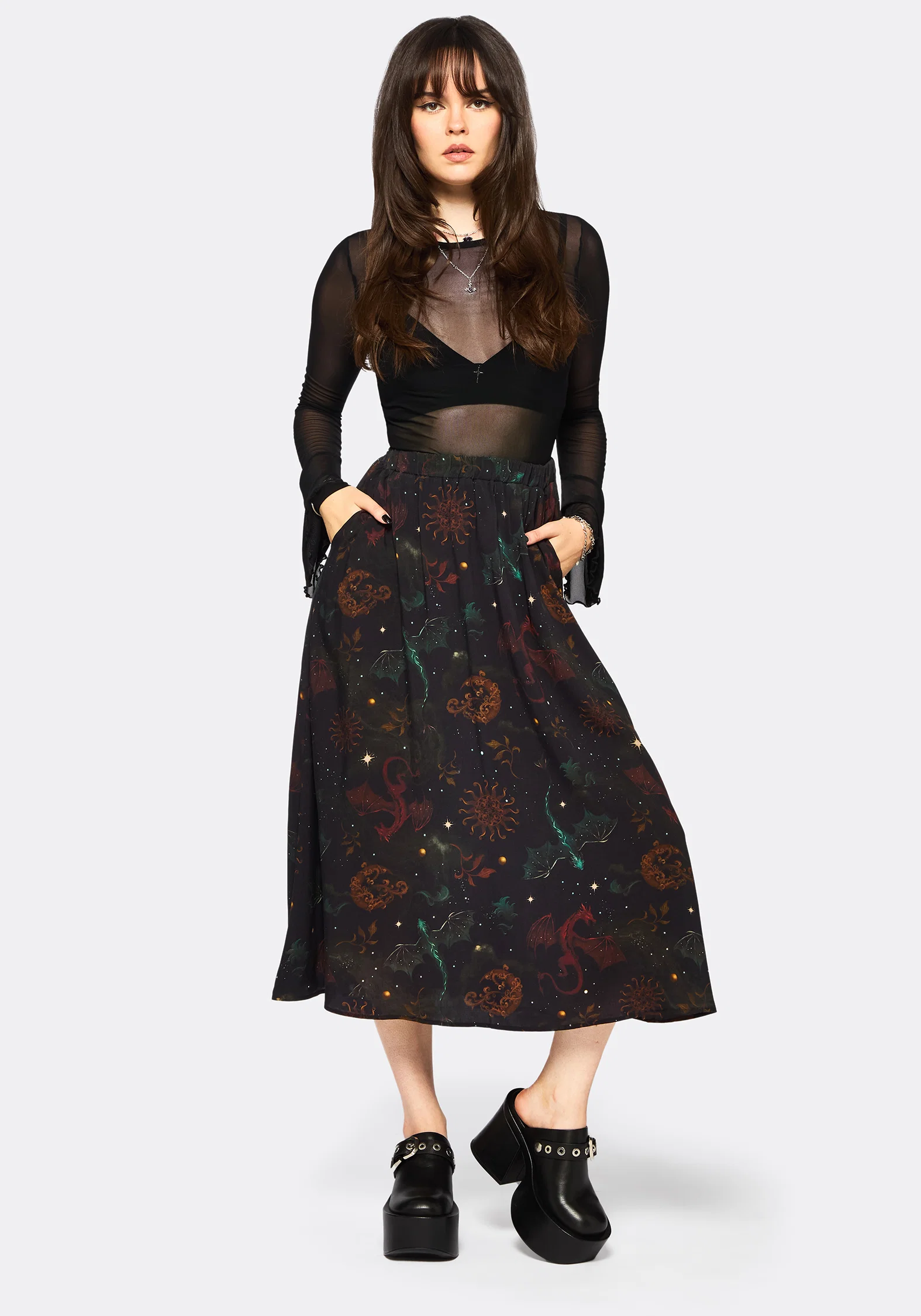Phoenix Dragon Printed Pleated Midi Skirt - Image 5
