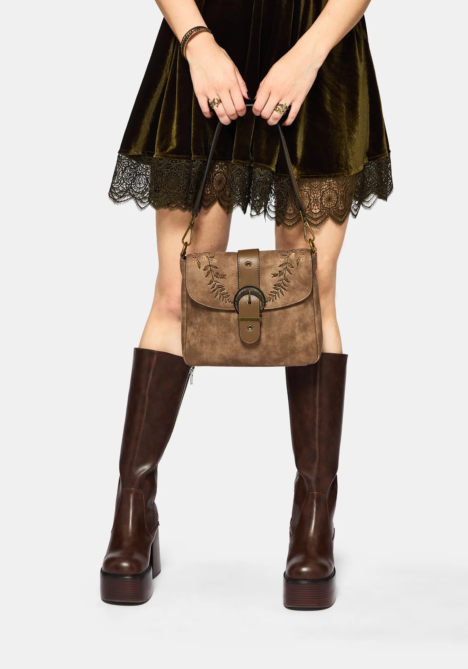 Physis Faux Suede Fern Embroidered Shoulder Bag - Image 5