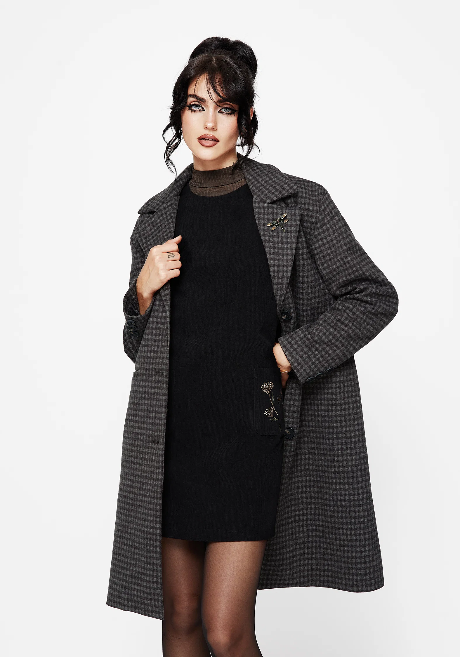 Pilgrim Gingham Coat With Dragonfly Brooch - Image 4