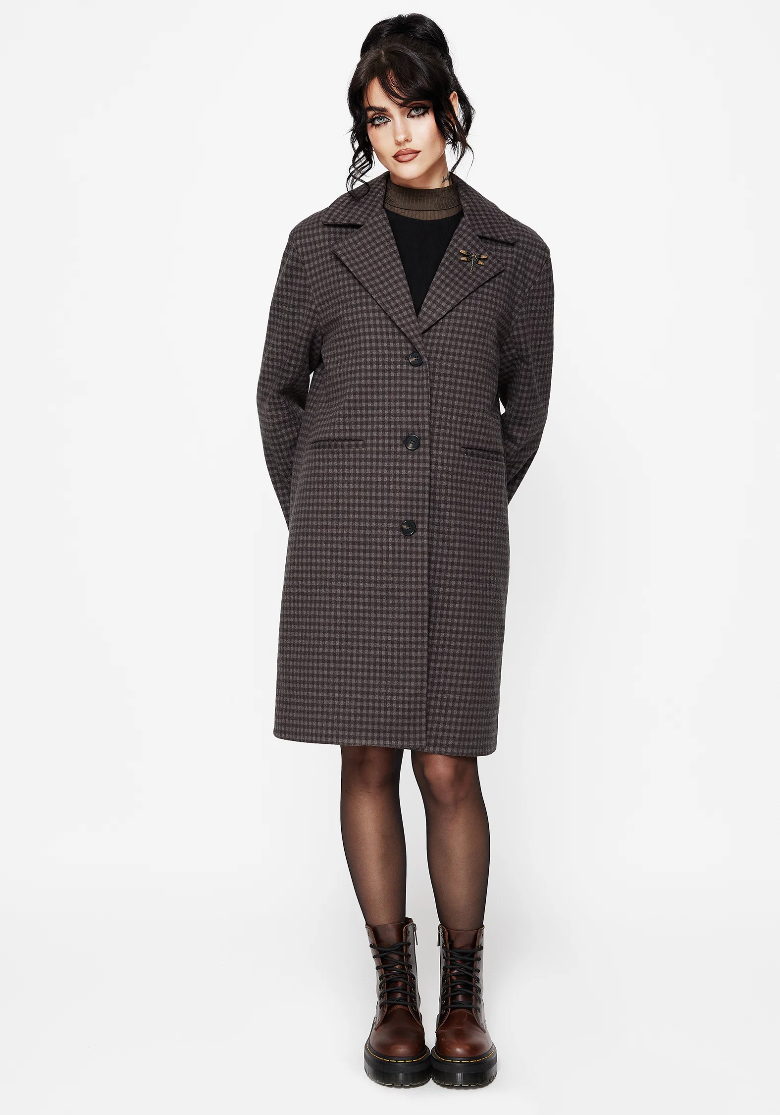 Pilgrim Gingham Coat With Dragonfly Brooch - Image 7