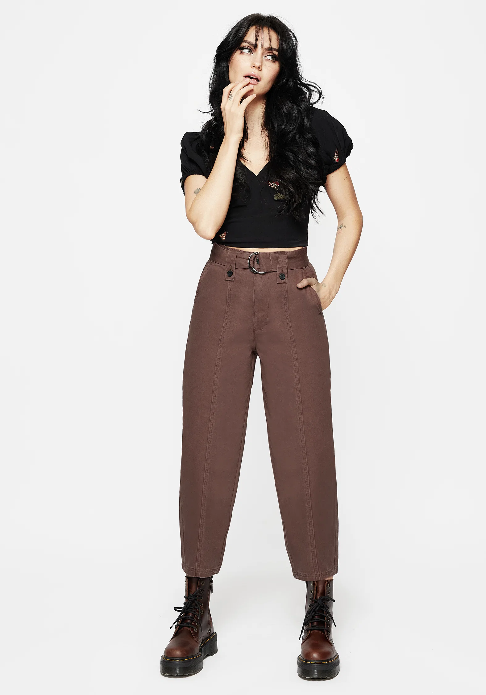 Pinhead Belted Balloon Leg Trousers - Brown - Image 4