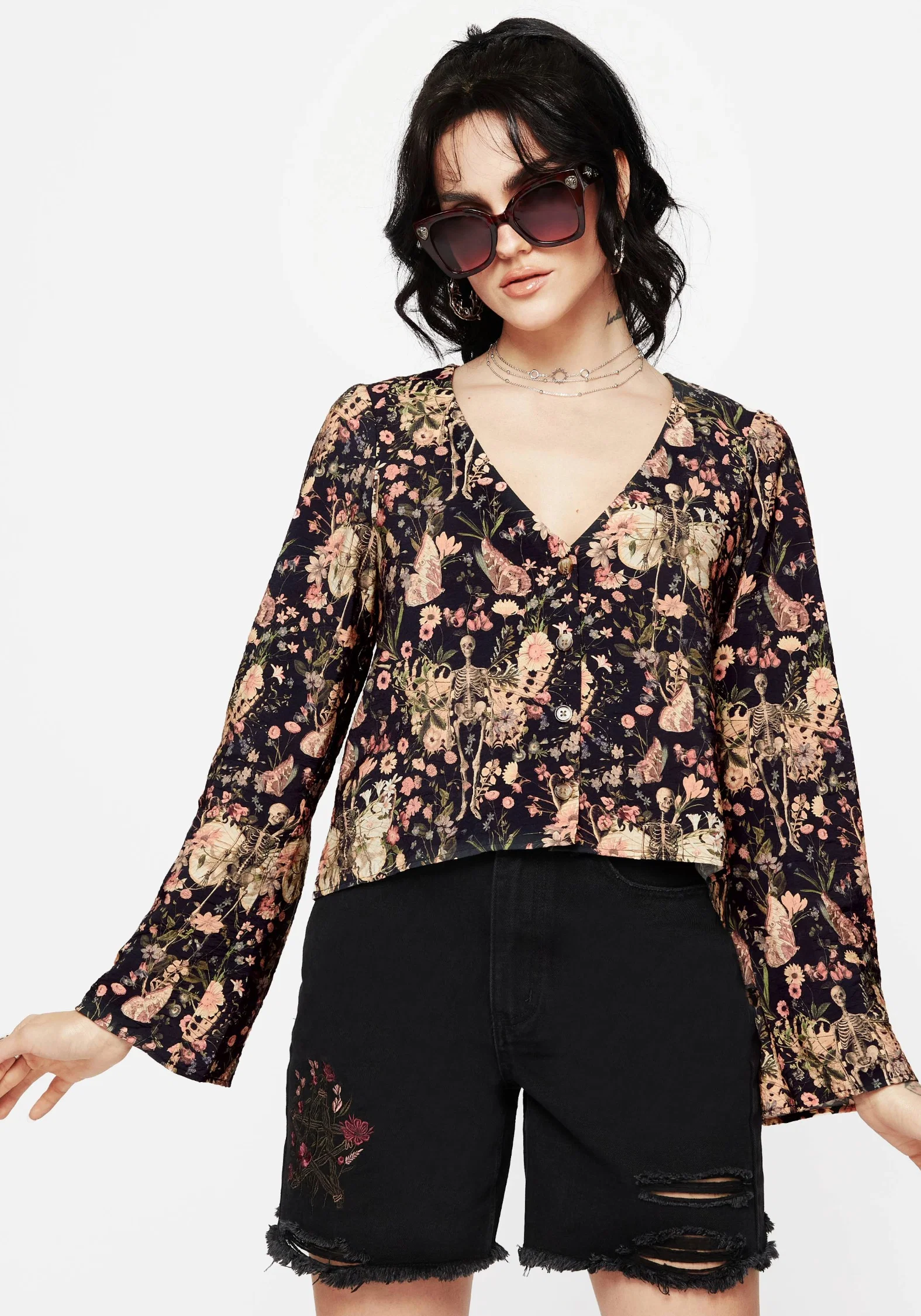 Pixie Floral Print Button Up Blouse Top - Image 5