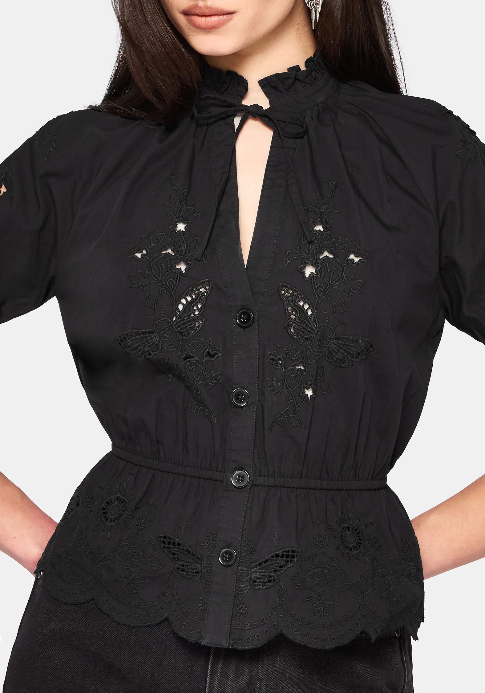 Posy Embroidered Tie Neck Blouse - Image 3