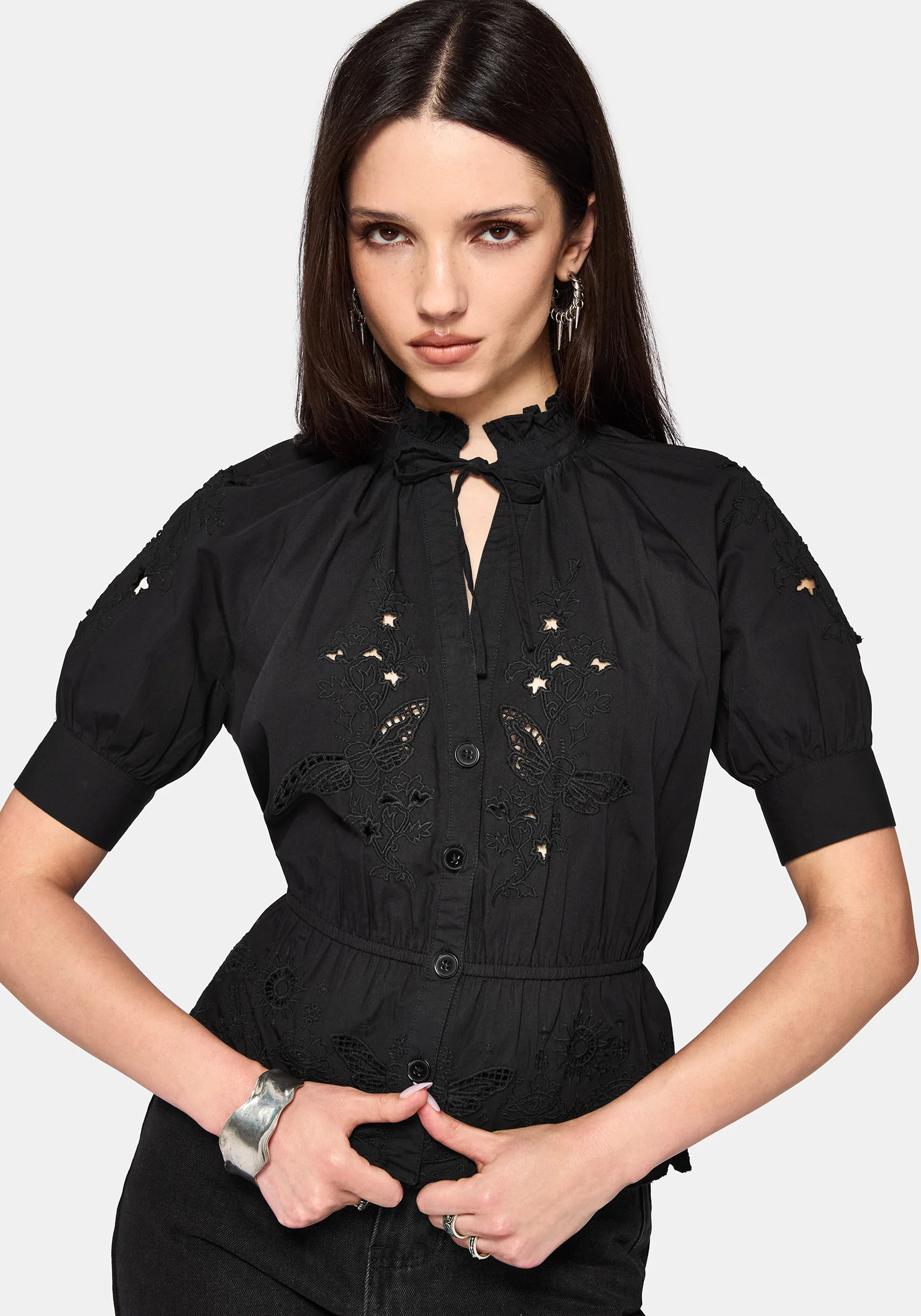Posy Embroidered Tie Neck Blouse - Image 6