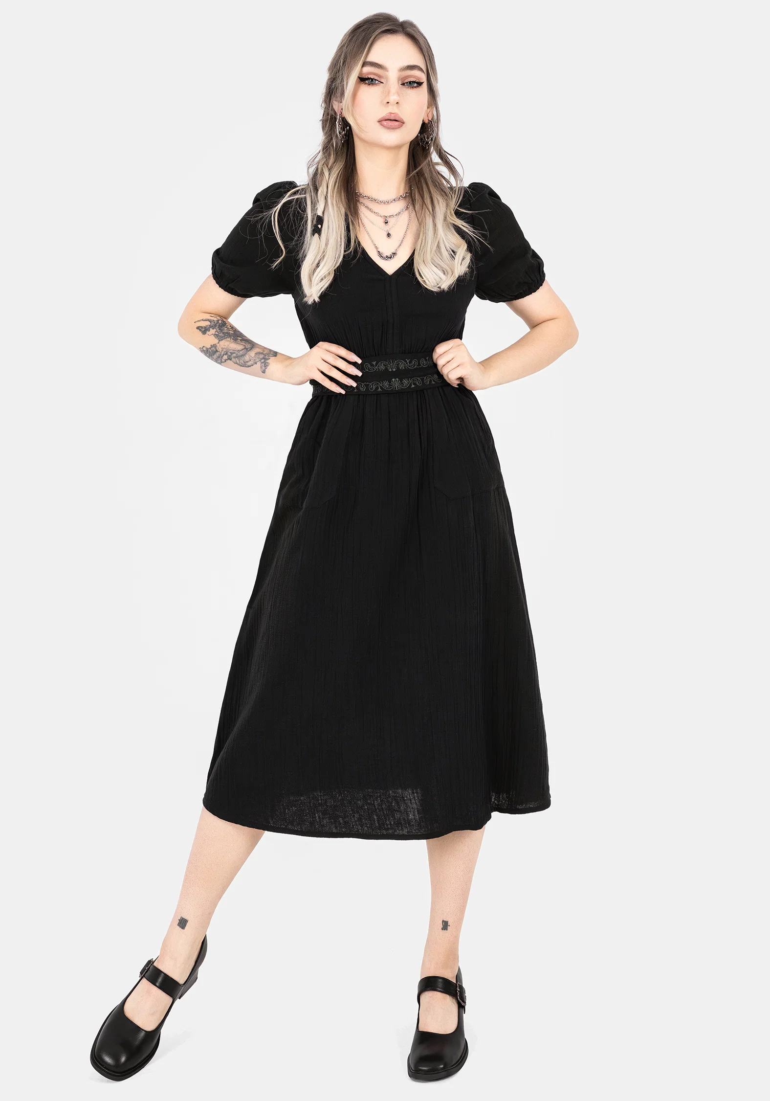 Poultice Embroidered Cotton Midi Dress - Black - Image 4