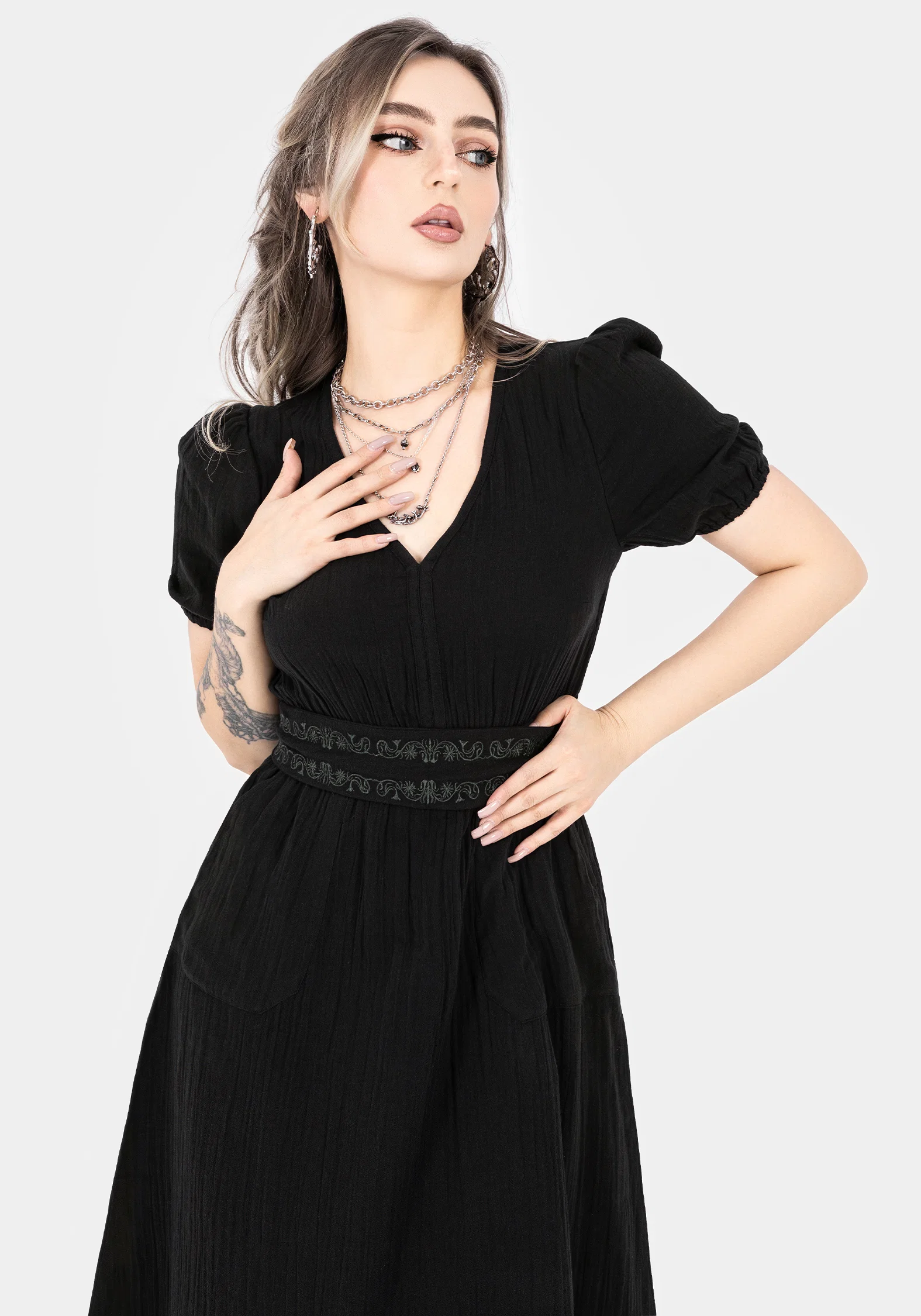 Poultice Embroidered Cotton Midi Dress - Black - Image 5
