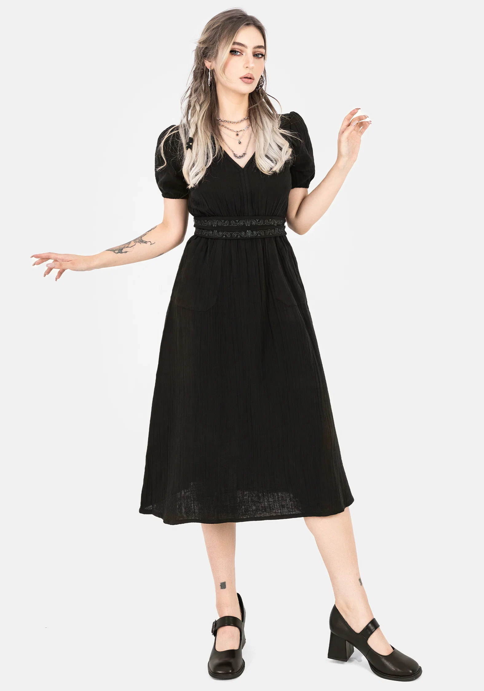 Poultice Embroidered Cotton Midi Dress - Black - Image 6