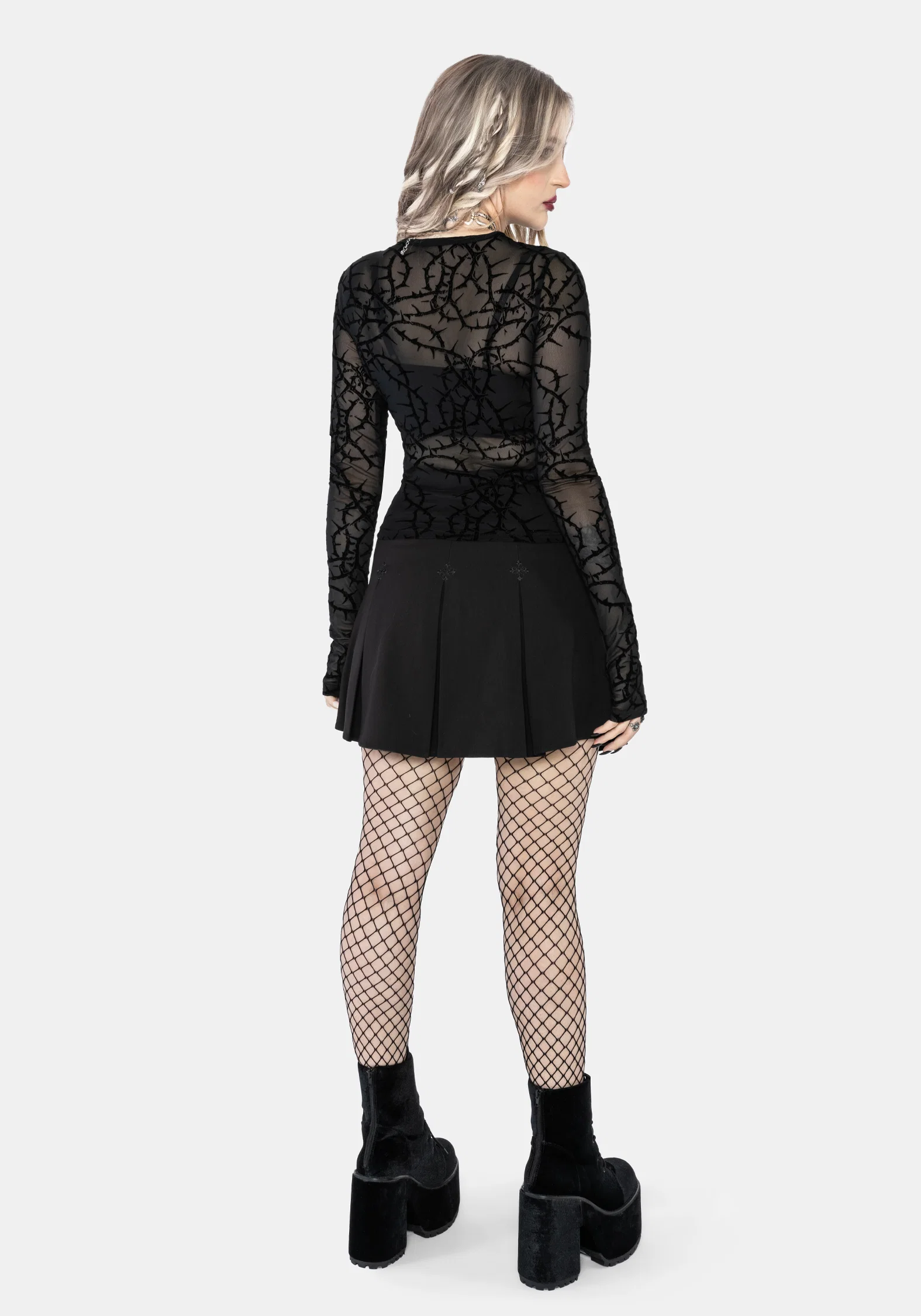 Prickle Thorn Print Mesh Long Sleeve Top - Black - Image 3