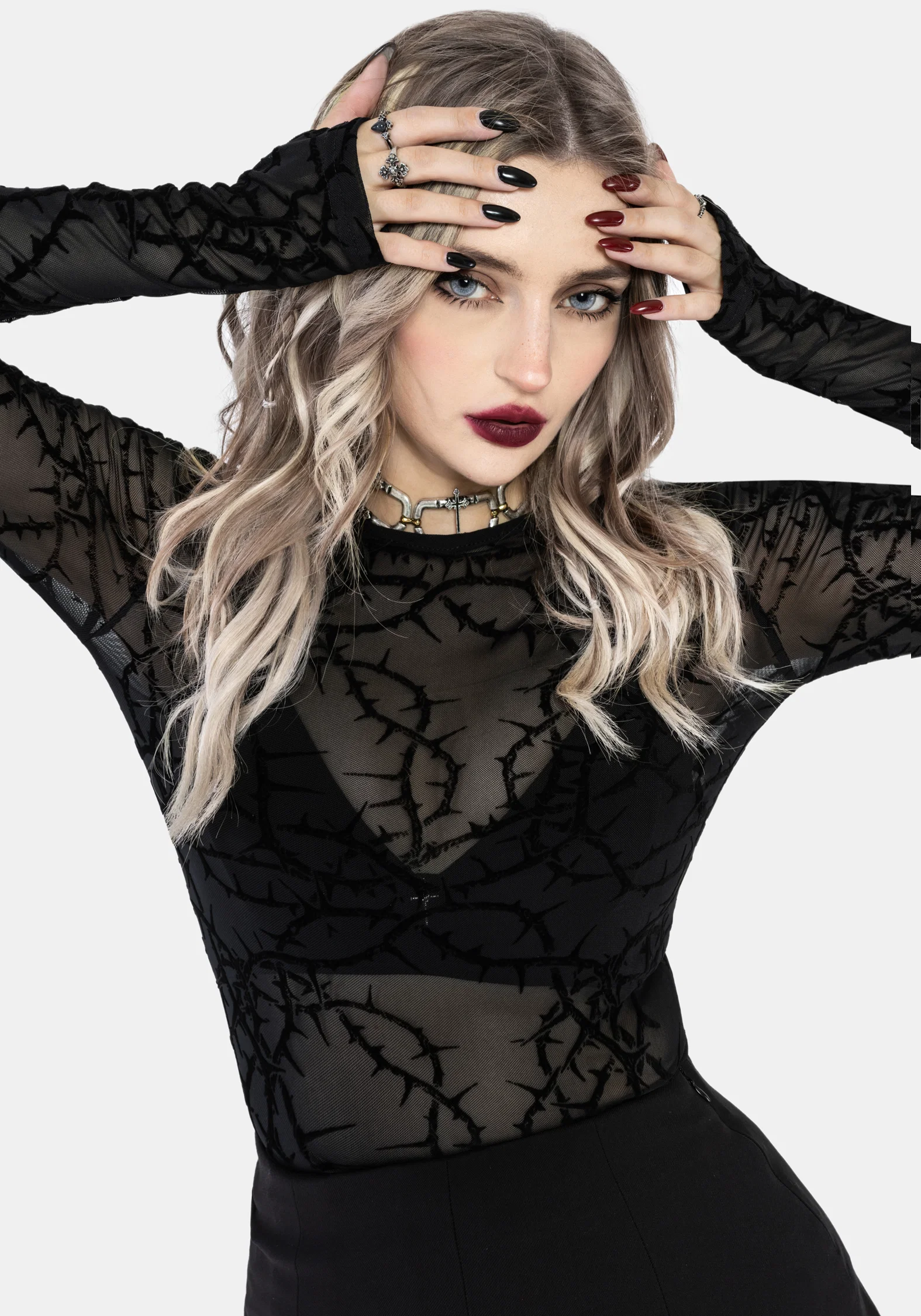 Prickle Thorn Print Mesh Long Sleeve Top - Black - Image 4