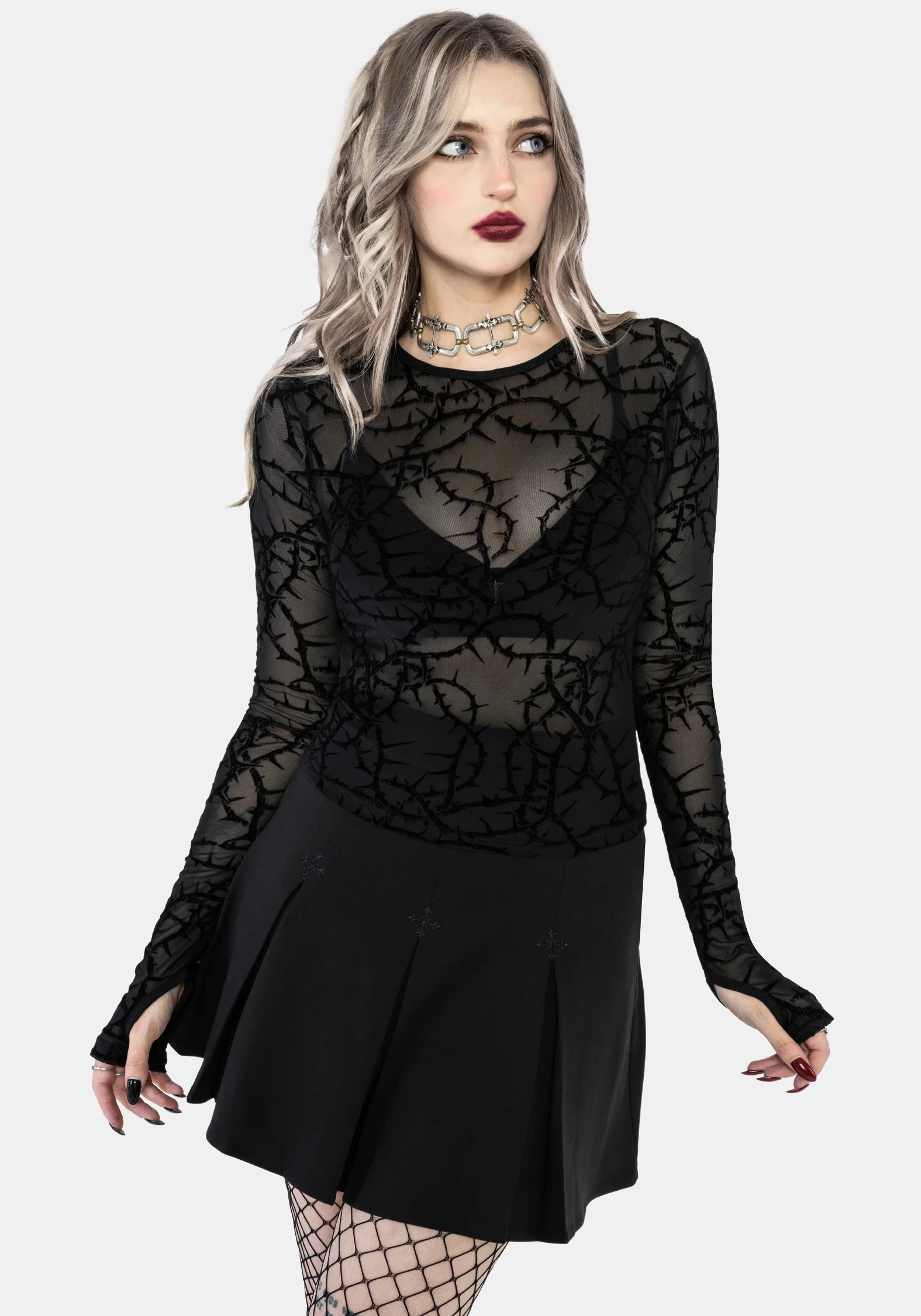 Prickle Thorn Print Mesh Long Sleeve Top - Black - Image 6