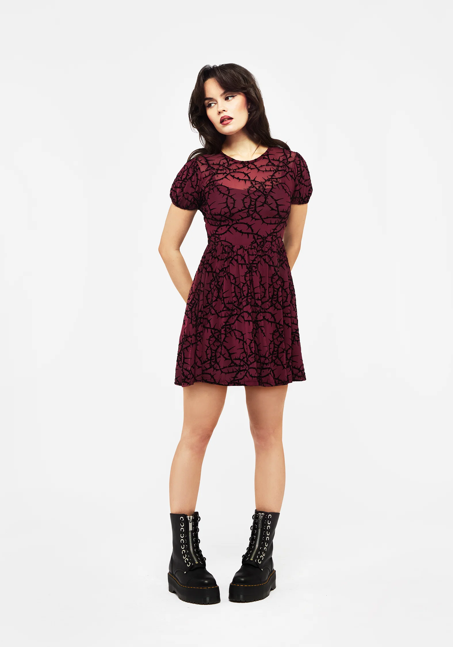 Prickle Thorn Print Mesh Puff Sleeve Mini Dress - Image 6