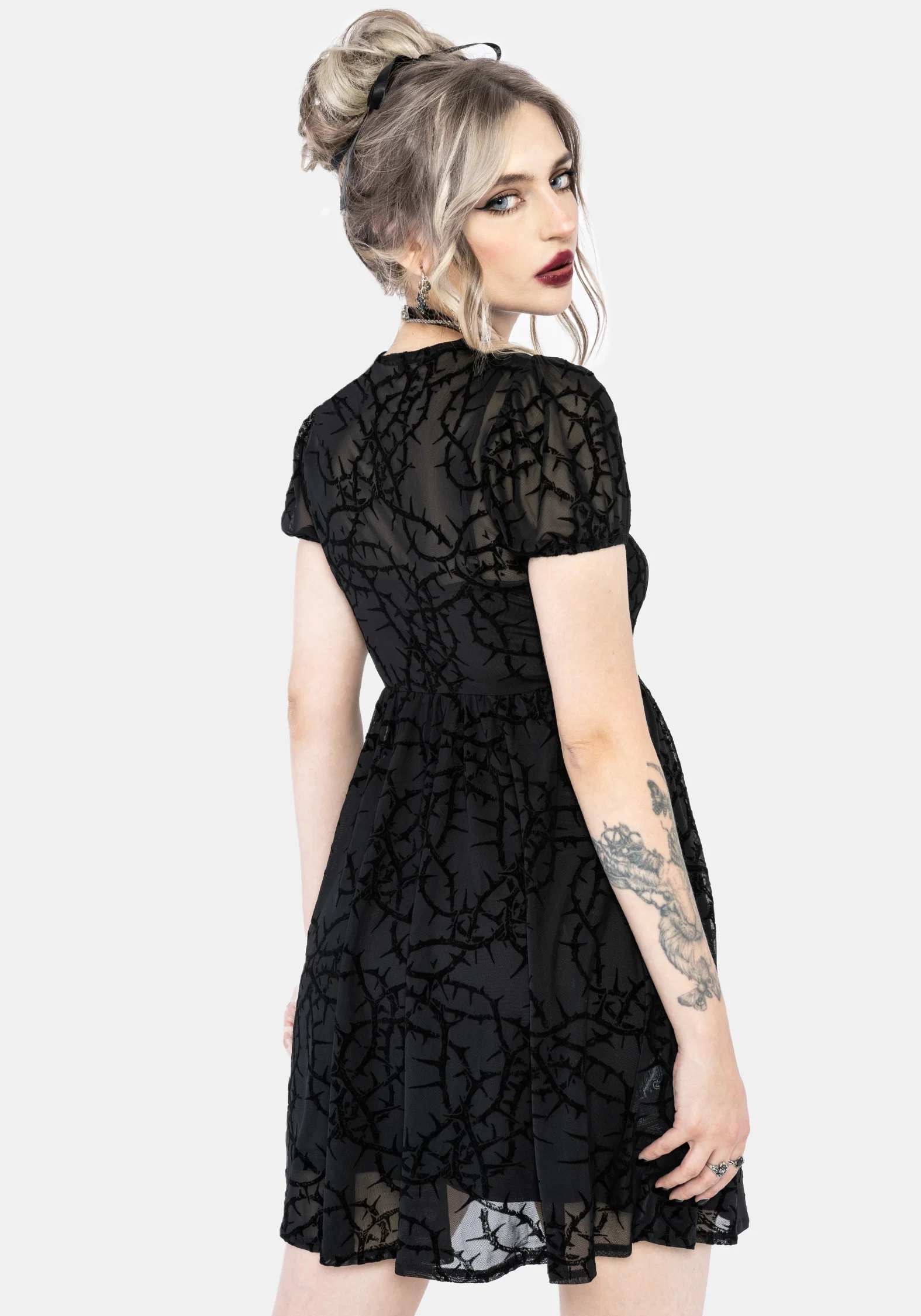 Prickle Thorn Print Mesh Puff Sleeve Mini Dress - Black - Image 3